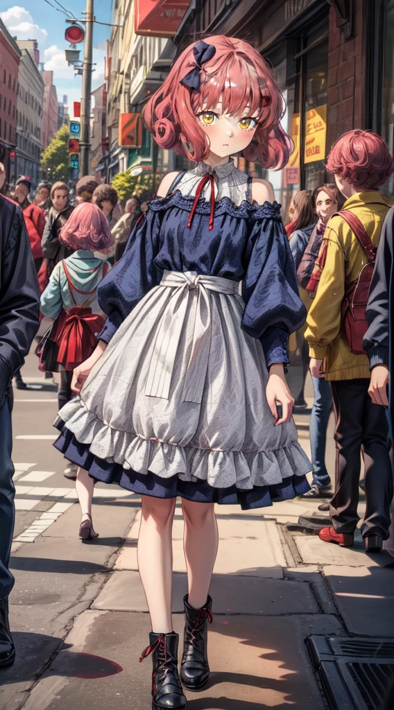 1girl, full body, lou <lora:lou:0.7>, A pink-haired girl in a black dress stands, red long ribbon bow in the neck, yellow eyes, a white blouse with gathered details at the neck and shoulders. It has a red bow tied around the neck, giving it a touch of color and sophistication, dark blue dress or jumper. This one has long and loose fitting sleeves, which gives it a very chic and Moderna look, ,more_details:-1, more_details:0, more_details:0.5, more_details:1, more_details:1.5,lou <lora:lou:0.7> ,<lora:frombellow1:0.8>