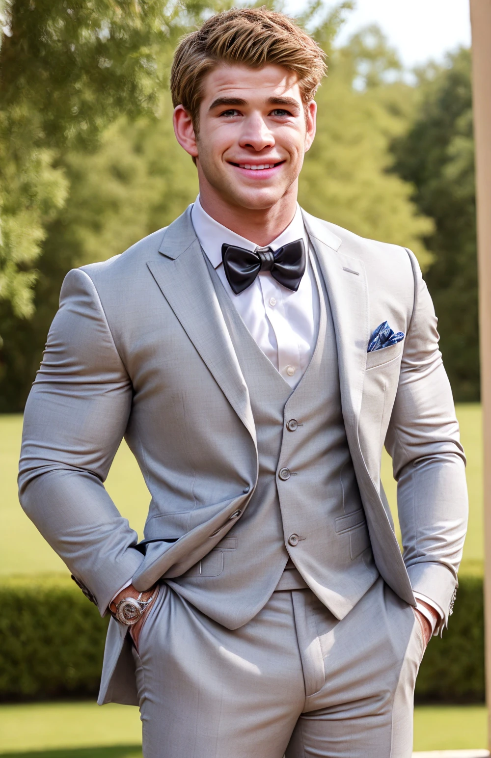 Create an image of Alexander Darcy at a fancy event. He is a tall, handsome man with a lean, muscular build, standing at 6'2". He has deep-set, piercing blue eyes, Blonde hair styled neatly, and a chiseled face with high cheekbones and a strong jawline. Alexander is wearing a perfectly tailored navy suit with a crisp white dress shirt and a silk tie. He has a minimalist luxury watch on his wrist and subtle but elegant cufflinks. The event setting is upscale and sophisticated, with chandeliers, elegant decor, and other well-dressed attendees.