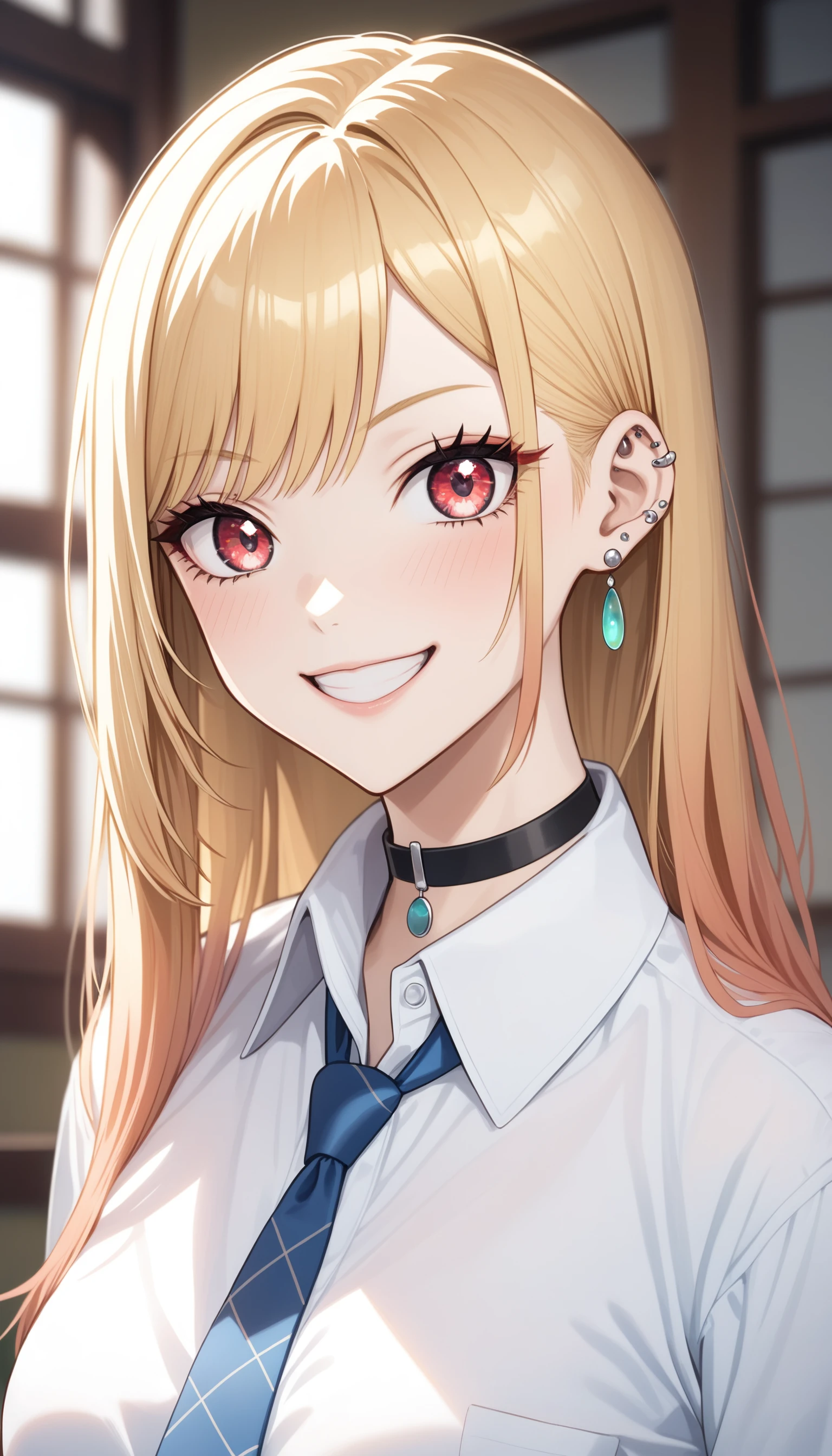 score_9, score_8_up, score_7_up, intricate details,
1girl, kitagawa marin, sono bisque doll wa koi wo suru, blonde hair, red eyes, ear piercing, barbell piercing, black choker, collared shirt, white shirt, earrings, blue necktie, grin, v,