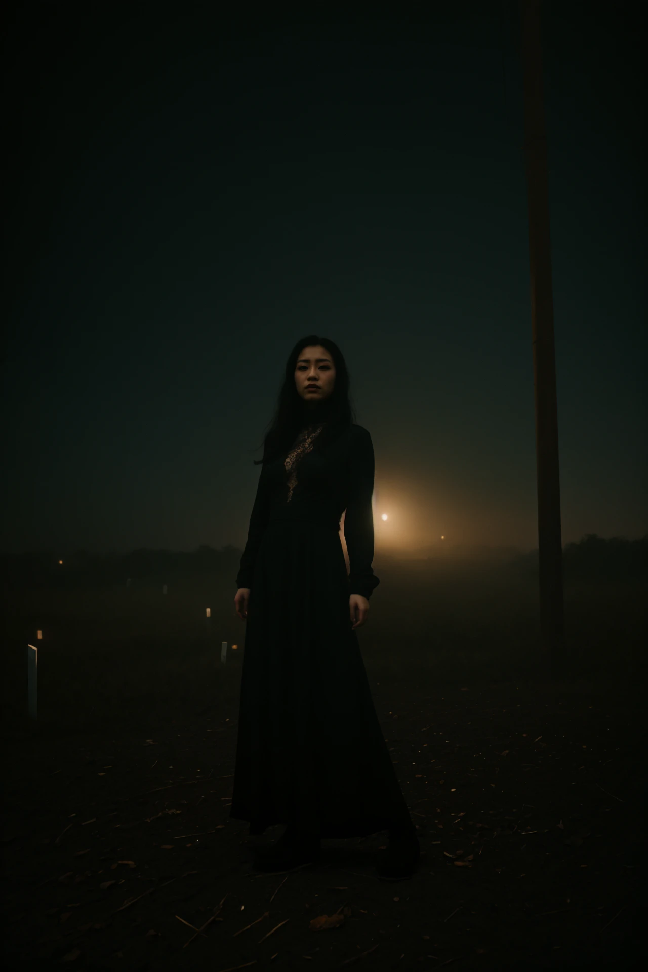 foggy, a asian woman, gothic style, moody, fashion, black outfit, lace long dress floating air, ankle boots, dark hair, makeup, atmospheric lighting, ethereal, evening, full body shot, grave marker, utility pole, cinematic composition, natural light, outdoor setting, <lora:foggy_v1.0:0.6>,