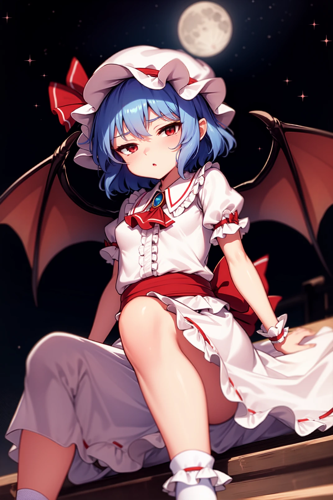 アニメのFemboy,Fine skin, cute, Very detailed, 8kのVery detailedな顔, remilia_scarlet_touhou, red_eyes, short_hair, bat_wings, wings, hat, blue_hair,  hair_between_eyes, bangs, smile, red_ribbon, ((Femboy)), (((Completely naked))), otoko no ko , a feminine boy, Super long twin tails, Hair Ribbon, pussy line,  Straddle, Spread your legs