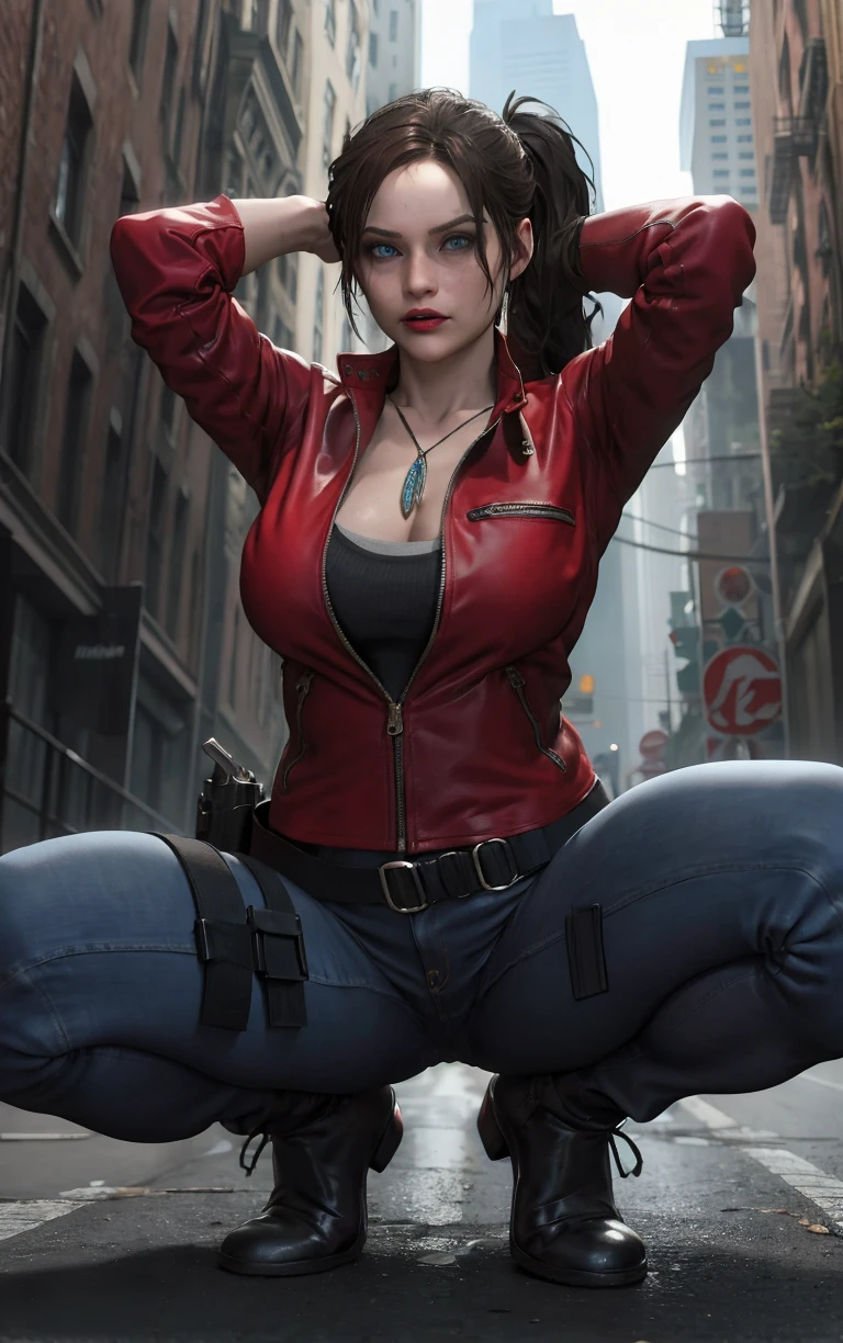 (masterpiece, best quality:1.4), insaneres, absurdres, solo, looking at viewer,BREAK 
GAME_ResidentEvil2Remake_ClaireRedfield_ownwaifu,  
lips, brown hair, blue eyes, ponytail, breasts, long hair, large breasts, nose, red lips, makeup, dog tags, lipstick, 
jacket, jewelry, necklace, red jacket, pants, belt, denim, jeans, holster, bracelet, zipper, pendant, cleavage, collarbone, thigh holster, long sleeves, silk, leather jacket, 
(squatting, tiptoes, spread legs, arms behind head), full body, street, outdoors, <lora:GAME_ResidentEvil2Remake_ClaireRedfield_ownwaifu:0.75> , depth of field