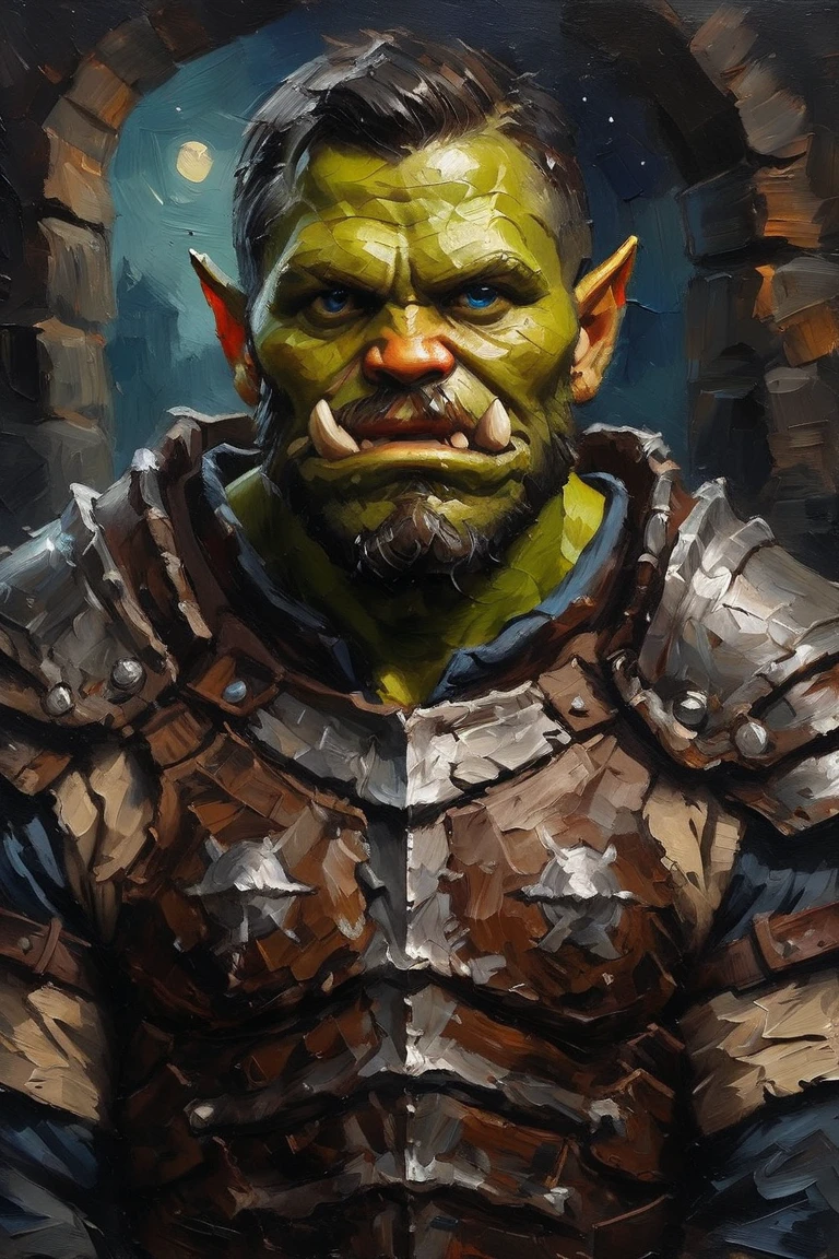 masterpiece, best quality, hi res, newest, oil painting, traditional media, realistic, 1boy, solo, male focus, orc, green skin, tusks, blue eyes, short hair, black hair, facial hair, beard, mustache, looking at viewer, armor, shoulder armor, breastplate, pauldrons, portrait, upper body, closed mouth, standing, outdoors, night, night sky, dark background <lora:Palette Knife Oil Painting Style LoRA_SeaArt Furry XL 1.0:0.7>