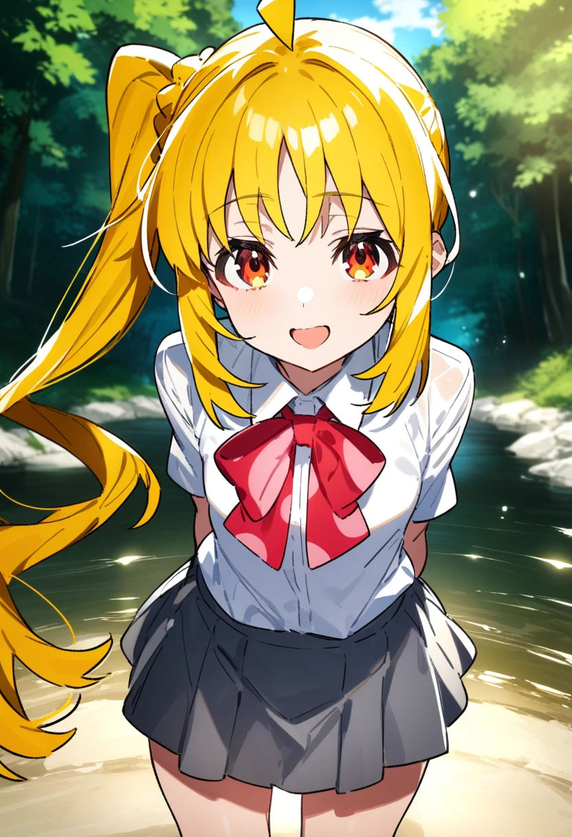 1girl, ijichi nijika, bocchi the rock!, anime coloring, mika pikazo,
long hair, side ponytail, orange eyes, blonde hair, ahoge, open mouth, smile, small breasts, white shirt, collared shirt, grey skirt, arms behind back,
forest, river, looking at viewer, outdoors,, masterpiece, best quality, very aesthetic, absurdres,