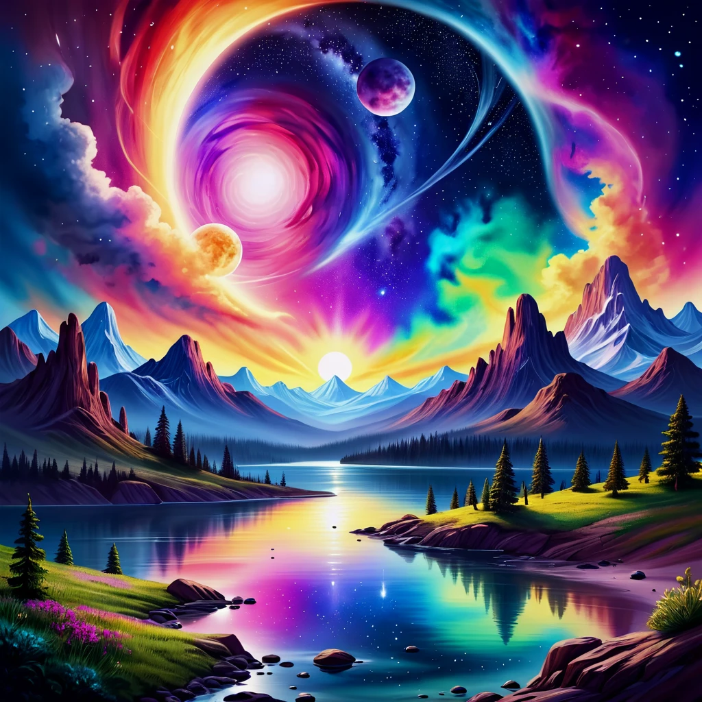 Watercolor painting style with translucent layers, blending colors, and a fluid, organic feel, Spacescape, translucent layers, blending colors, fluid, organic, artistic, delicate, ethereal, painterly,Spacescape