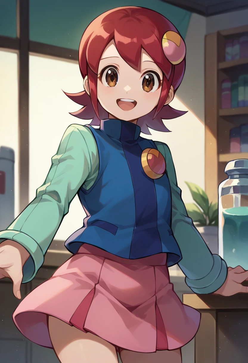 score_9, score_8_up, score_7_up,
<lora:RollexeMaylSakuraiPonybyRR-10:1>, mayl_sakurai_(mega_man), short hair, hair ornament, long sleeves, blue vest, pink skirt, pleated skirt, brown eyes, red hair,
1girl, solo, smile, open mouth,
cowboy shot, indoors, lab,