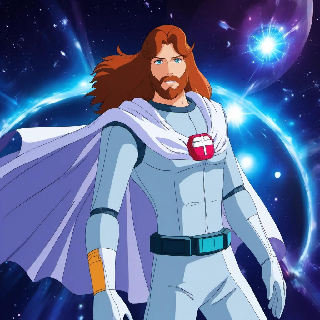 anime artwork a full body man with long hair and a beard in a silver space suit with a cape, in a spaceship <lora:Ulysse31-1024_r1:0.8> . anime style, key visual, vibrant, studio anime,  highly detailed