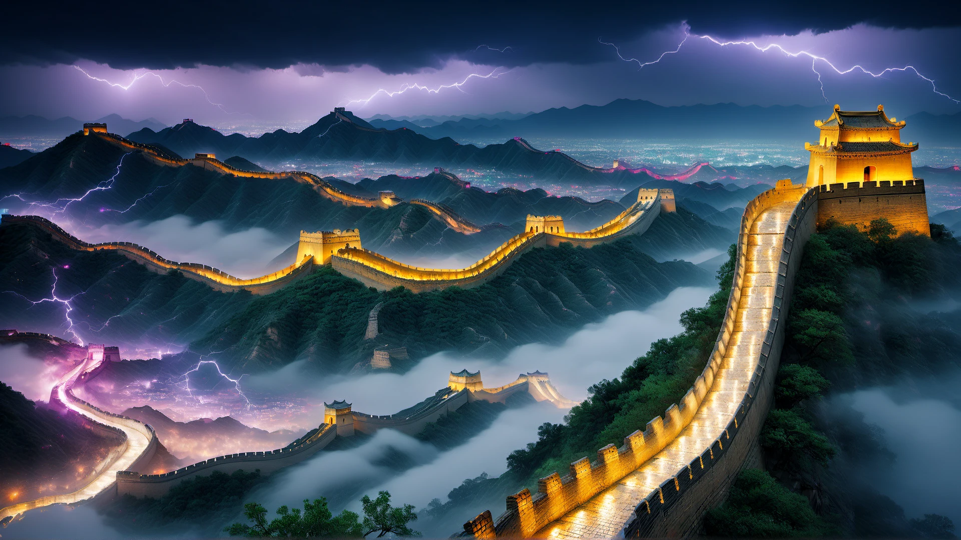 CyberLight, Photograph, grand Raw digital photo, landscape of a Great Wall of China, Thunderstorm, Masterpiece, bokeh, Nikon d3300, F/5, 8K, realism