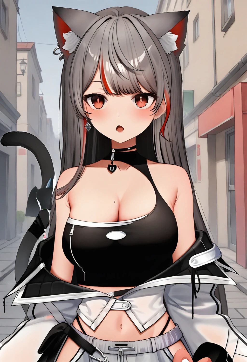 1girl, animal ears, solo,  streaked hair,  long hair, cat  red eyes, multicolored hair,  cat ears, off shoulder, jacket, bare shoulders, crop top, grey hair, navel,  shirt, white jacket,  black shirt, choker, red hair, animal ear fluff, mole on breast, open mouth, sleeveless shirt,  open jacket, open clothes, long sleeves, upper body, earrings,   large breasts,  black choker, collarbone, jewelry, sleeveless, , panty straps,   very long hair, medium breasts,  bangs,
outdoors, street,
<lora:Mashiro_SDXL:0.8>