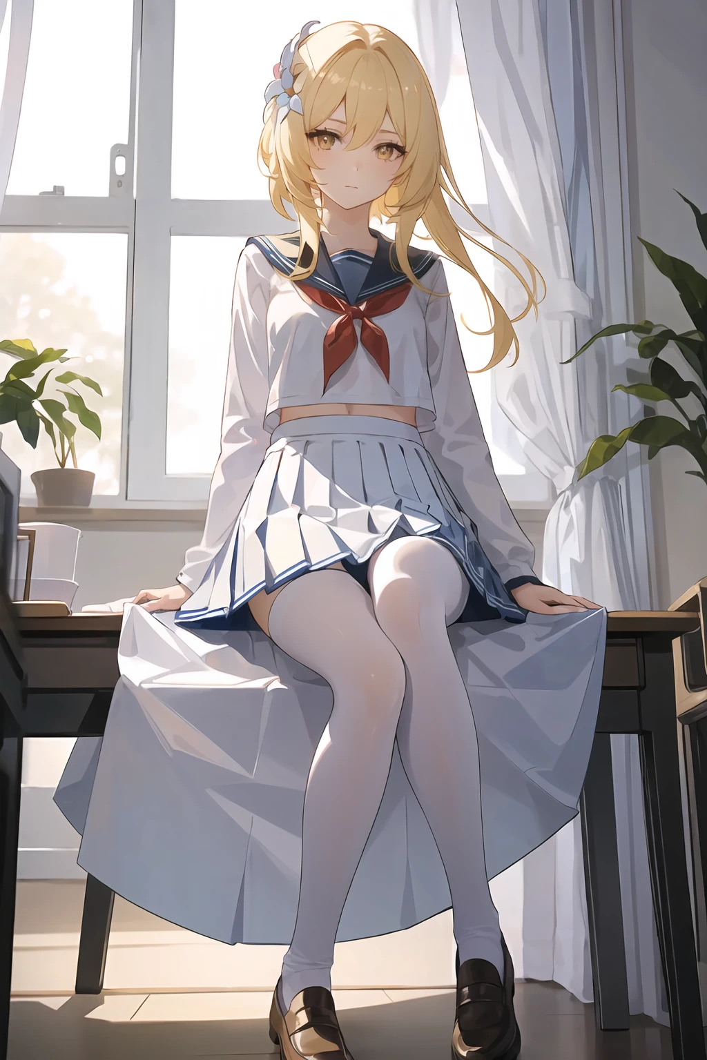 insanely detailed,absurdres,ultra-highres,ultra-detailed,best quality,
slender,kawaii,perfect symmetrical face,ultra cute girl,ultra cute face,ultra detailed eyes,ultra detailed hair,ultra cute,ultra beautifu,
1girl,lumine \(genshin impact\),solo,breasts,yellow eyes,
sitting on object,indoors,bedroom,sitting,
school uniform,
<lora:wsal:0.4>,white pantyhose,serafuku,plaid_skirt,pleated skirt,
<lora:lumine-000008:0.9>,