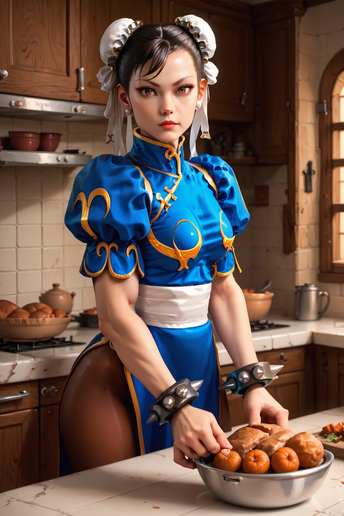 ( score_9, score_8_up, score_7_up:1), SF2CL, ((hair buns, covered buns, blue qipao, spiked bracelets, puffy sleeves, brown pantyhose)), hair buns, white belt:1.3, 1girl, solo, at the kitchen, preparing a turkey for thanksgiving<lora:EMS-353179-EMS:1.000000>