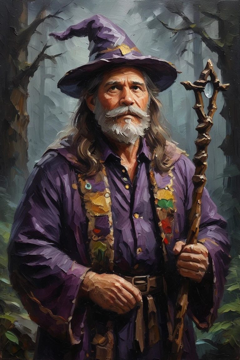 masterpiece, best quality, hi res, newest, oil painting, traditional media, realistic, 1boy, solo, male focus, mature male, wizard, long hair, brown hair, black eyes, looking at viewer, hat, facial hair, beard, mustache, staff, wizard hat, purple hat, shirt, collared shirt, robe, purple robe, cloak, holding, holding staff, upper body, standong, outdoors, forest, nature, tree, fog, dark background <lora:Palette Knife Oil Painting Style LoRA_SeaArt Furry XL 1.0:0.7>