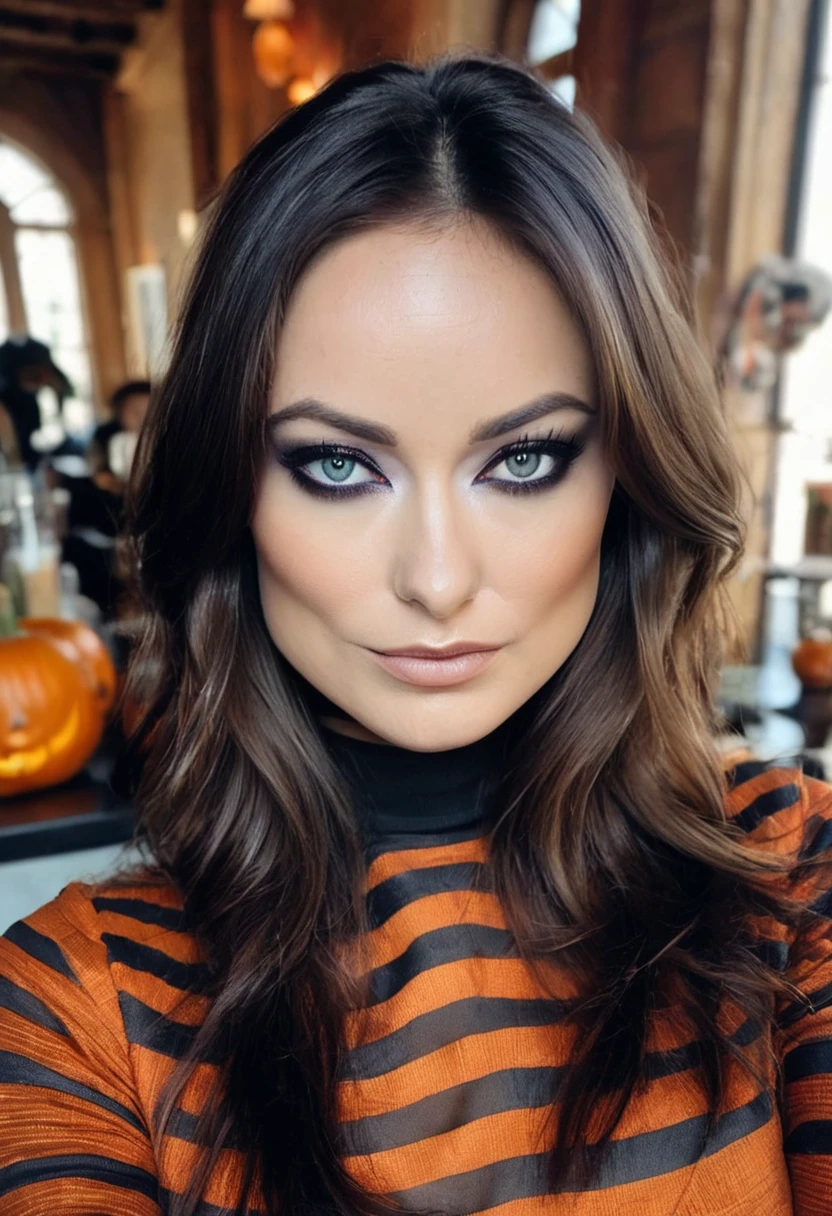 a scanned photo of owilde,masterpiece, photorealistic, woman, real life image, natural light,(fully in frame:1.1),brunette, instagram photo,selfie,sharp focus,detailed face ,natural makeup, <lora:owilde:1>,wearing a halloween outfit