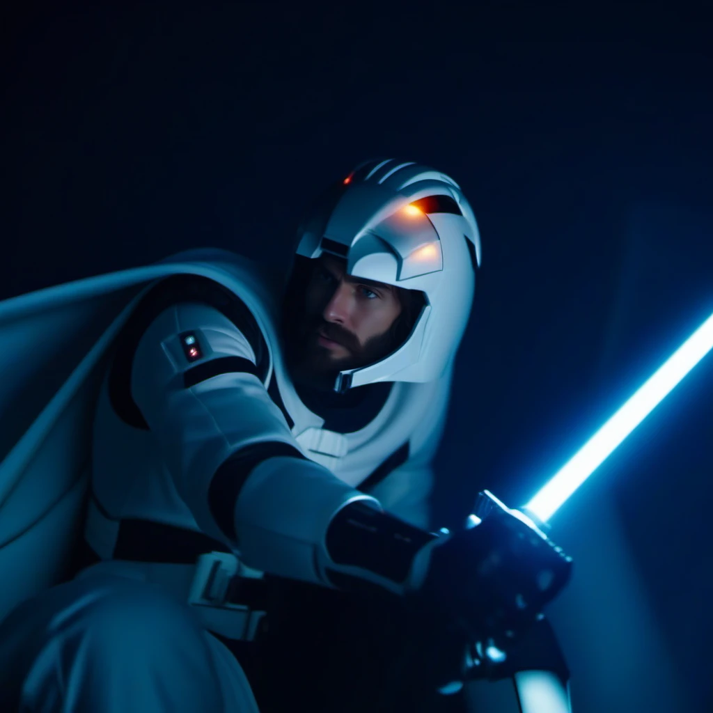 cinematic photo a full body man with long hair and a beard in a space suit with a lionhead shaped helmet and a cape, a pistol-lightsaber <lora:Ulysse31-1024_r1:0.8> . 35mm photograph, film, bokeh, professional, 4k, highly detailed