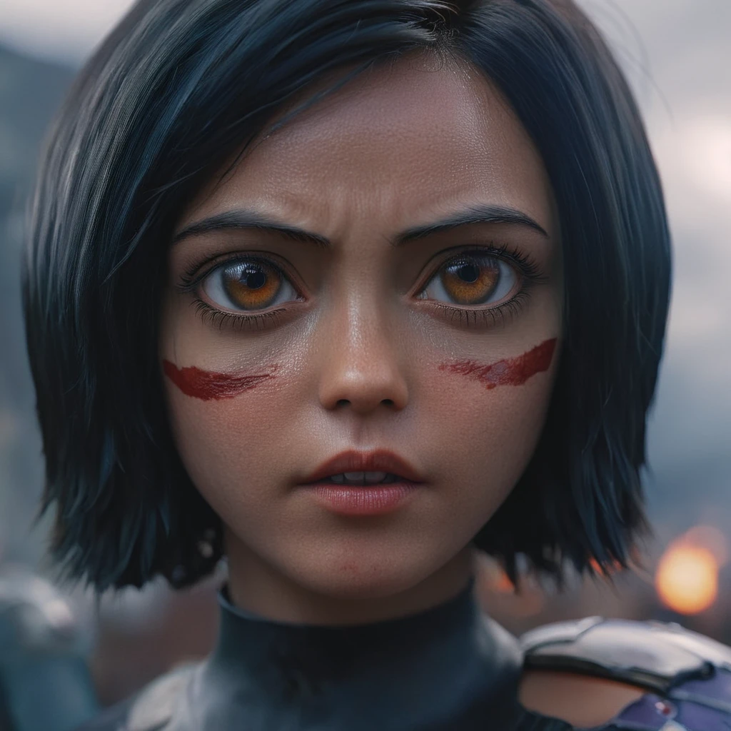 cinematic film still of  <lora:perfection style:0.9>
 <lora:Alita:1>
In futuristic 2563 Alita Ganmu a closeup of a woman with blood on her face and a cloudy sky,1girl,solo,looking at viewer,short hair,black hair,brown eyes,sky,teeth,lips,eyelashes,blood,facial mark,portrait,close-up,blood on face,realistic,nose,facepaint,detailed,real,different,unique,cinematic,dramatic,concept art,filmic,Battle Angel style , big eyes, shallow depth of field, vignette, highly detailed, high budget, bokeh, cinemascope, moody, epic, gorgeous, film grain, grainy