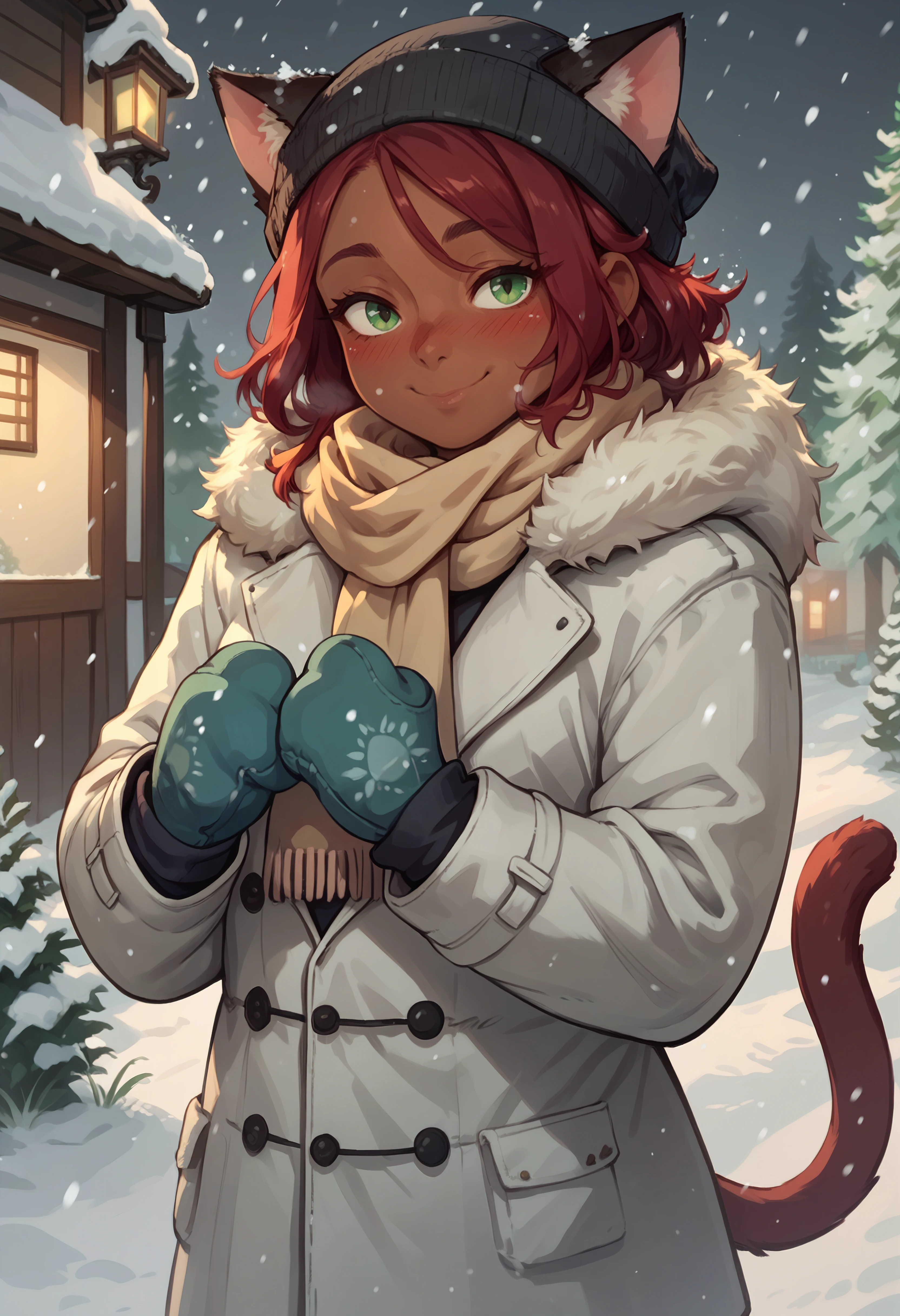 score_9, score_8_up, score_7_up, score_6_up BREAK red hair,green eyes,dark-skinned female,blush,solo,outdoors,snowing,cold,mittens,beanie,cat ears,tail,winter coat, fur trim,smile,scarf