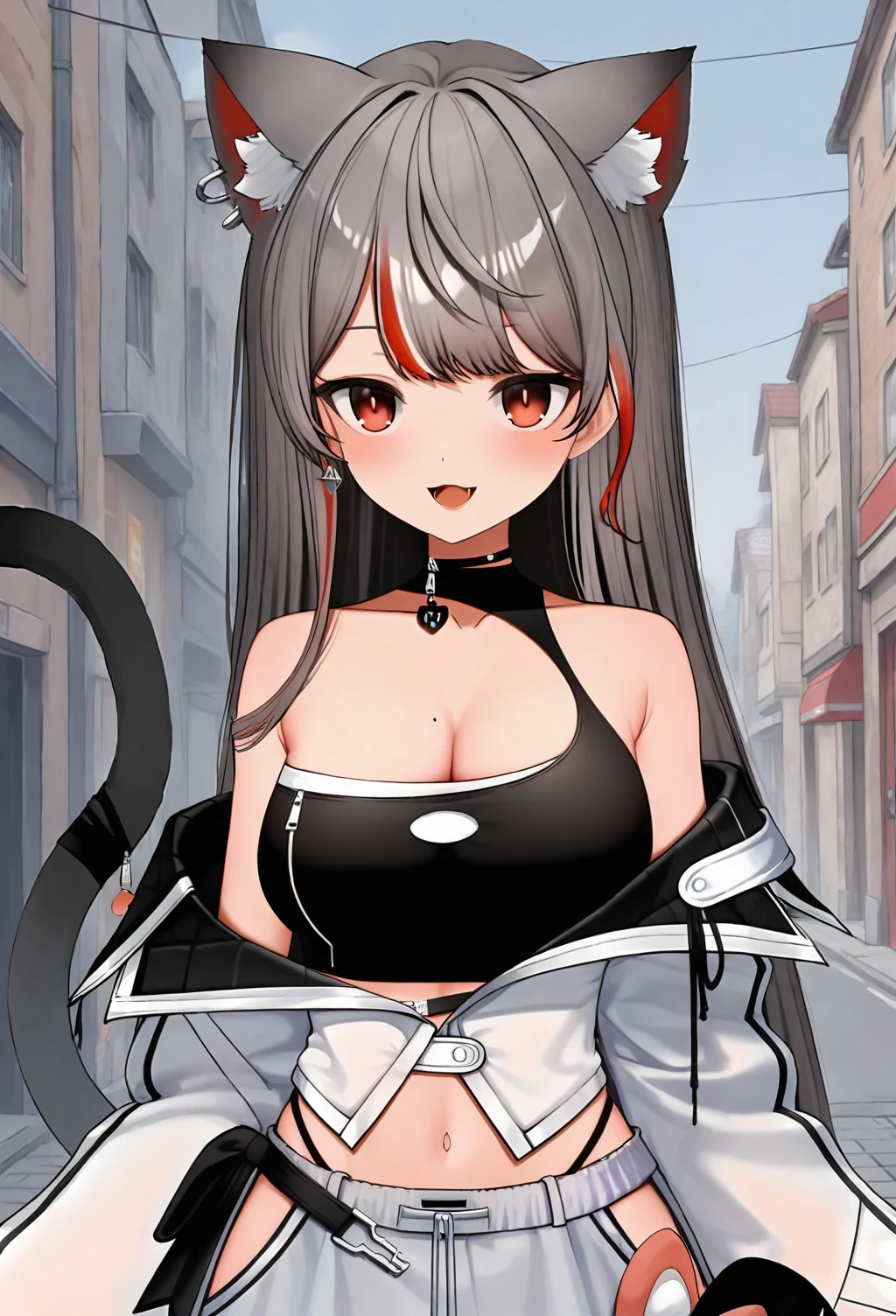 1girl, smile, animal ears, solo,  streaked hair,  long hair, cat  red eyes, multicolored hair,  cat ears, off shoulder, jacket, bare shoulders, crop top, grey hair, navel,  shirt, white jacket,  black shirt, choker, red hair, animal ear fluff, mole on breast, open mouth, sleeveless shirt,  open jacket, open clothes, long sleeves, upper body, earrings,   large breasts,  black choker, collarbone, jewelry, sleeveless, , panty straps,   very long hair, medium breasts,  bangs,
outdoors, street,
<lora:Mashiro_SDXL:0.8>