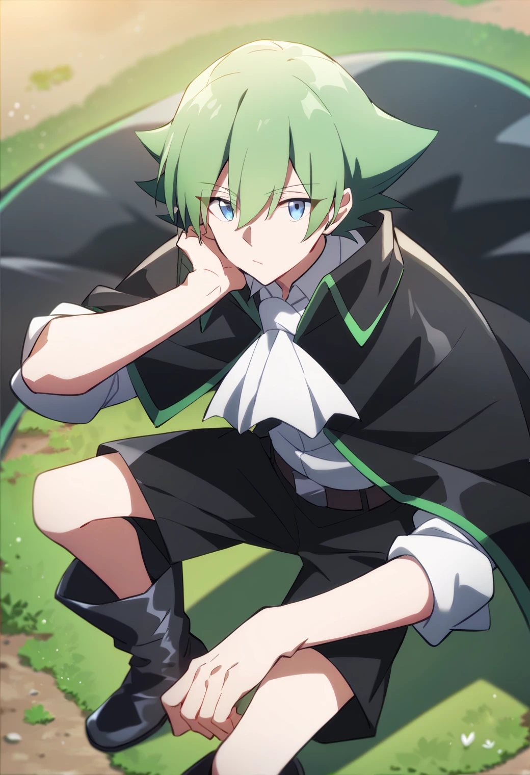 score_9, score_8_up, score_7_up, score_6_up, score_5_up, score_4_up, best quality, amazing quality, best aesthetic, absurdres, solo,lyserg, green hair, blue eyes, black shorts, long sleeves, black cloak with green linning, white clockwork shirt with cravat, rolled-up sleeves, black boots,source_anime, source_,score_9_up<lora:EMS-354437-EMS:1.000000>