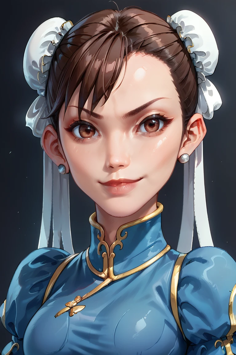 score_9, score_8, score_7, SF2CL, hair buns, covered, qipao, buns, stockings, qipao, smirk, blue outfit, portrait, medium shot, closeup, 1girl, solo female, female focus, score_8_up,dark theme, score_7_up,KA<lora:EMS-353179-EMS:1.000000>, <lora:EMS-314910-EMS:1.000000>, <lora:EMS-330035-EMS:0.800000>