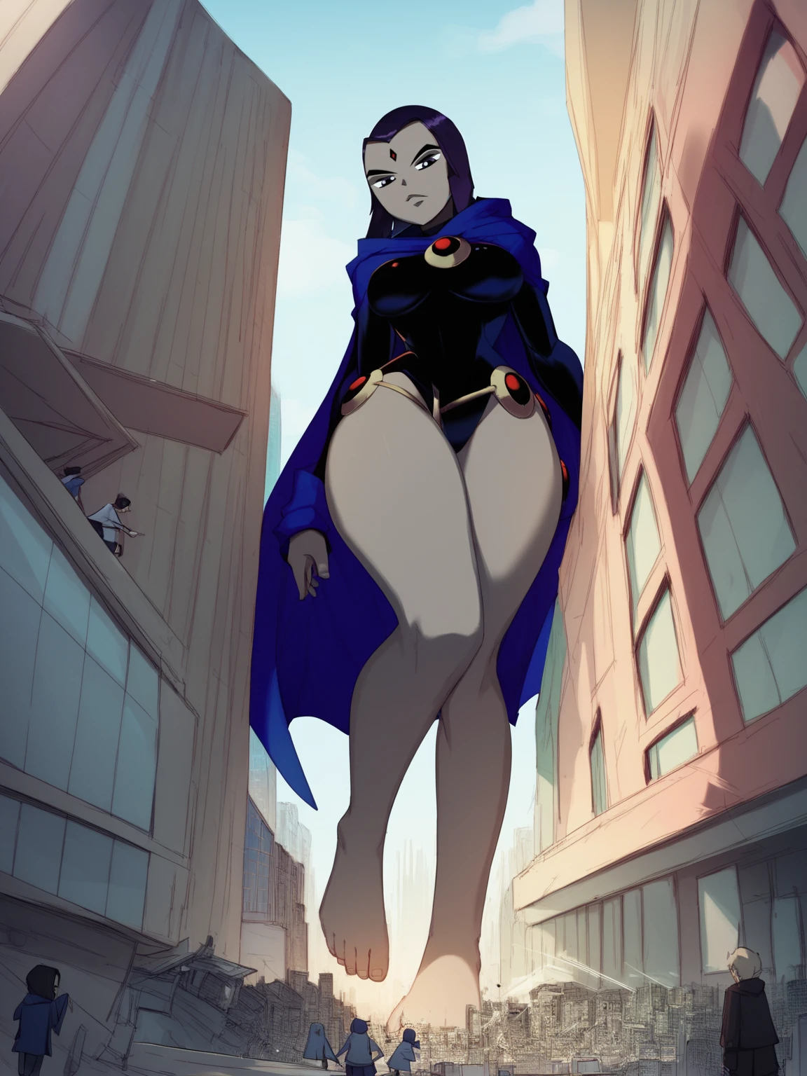 score_9, score_8_up, score_7_up, score_6_up, score_5_up, score_4_up BREAK 
1girl,  raven \(dc\) giantess steeping on a city,   cloak, barefoot, toes, grey skin, black leotard, city, day, giant, giantess, standing, full body, looking at viewer, blue sky <lora:RavenRavenRavenXLLocon:1>