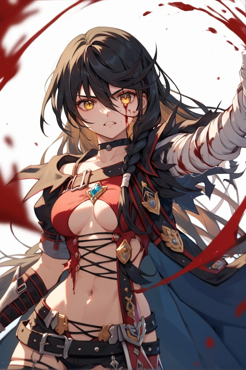 score_9, score_8_up, score_7_up, very aesthetic, source_anime, detailed, high quality, beautiful, masterpiece, detailed eyes,
simple background, blurry background,
<lora:lightXL:0.8>
dynamic angle, upper body, 
serious, dynamic pose, blood splutter, blood on face, gritting teeth,
<lora:velvet_autismConfetti_v04:0.95>
velvet crowe, black hair, very long hair, single braid, side braid, hair between eyes, buckle, choker, red shirt, revealing clothes, thighhighs, torn clothes, torn thigh highs, yellow eyes, asymmetrical footwear, bandaged arm, navel, coat, low-tied long hair, zPDXL