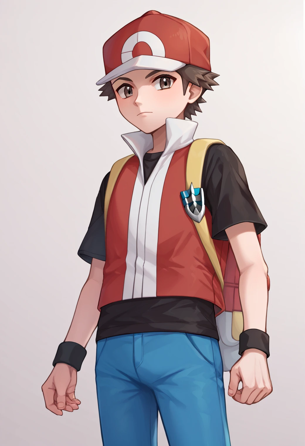 score_9, score_8_up, score_7_up, score_6_up, score_5_up, score_4_up, best quality, amazing quality, best aesthetic, absurdres, solo,Red_pokemon, RED WITH WHITE BASEBALL CAP, BLUE PANTS, BROWN EYES, BROWN HAIR, red vest, BLACK SHIRT, black wristband, sneakers, short sleeves, source_,score_9_up,source_anime<lora:EMS-353623-EMS:1.000000>