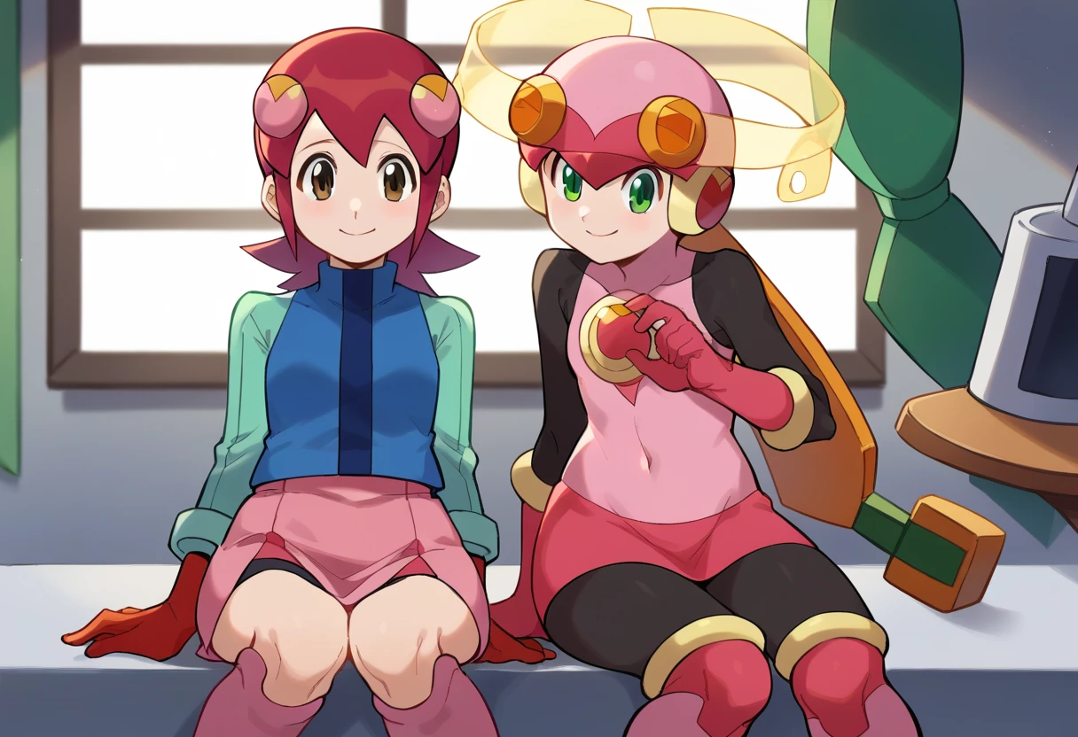 score_9, score_8_up, score_7_up,
<lora:RollexeMaylSakuraiPonybyRR-10:1>,
mayl_sakurai_(mega_man), short hair, hair ornament, long sleeves, blue vest, pink skirt, pleated skirt, brown eyes, red hair,
BREAK
roll.exe_(mega_man), helmet, pink bodysuit, green eyes, long hair, pink gloves, knee boots, pink boots,
BREAK
2girls, sitting, smile,
cowboy shot, indoors, lab,