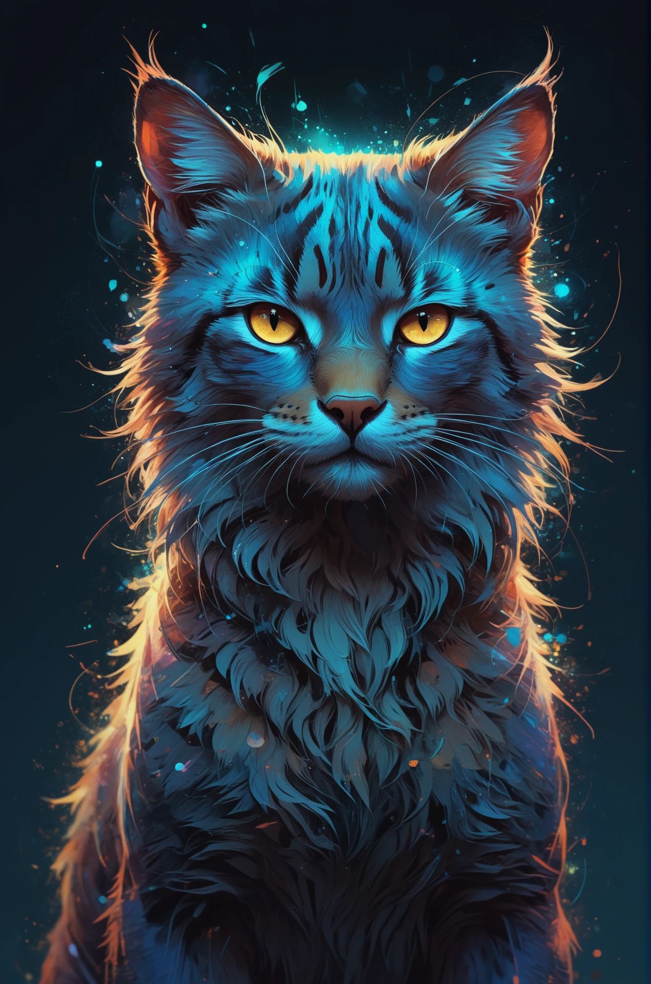 Cat with abstract beauty, centered, looking at the camera, approaching perfection, psychedelic colors, dynamic, moonlight, highly detailed, digital painting, artstation, concept art, smooth, sharp focus, illustration, art by Carne Griffiths and Vadim Kashin