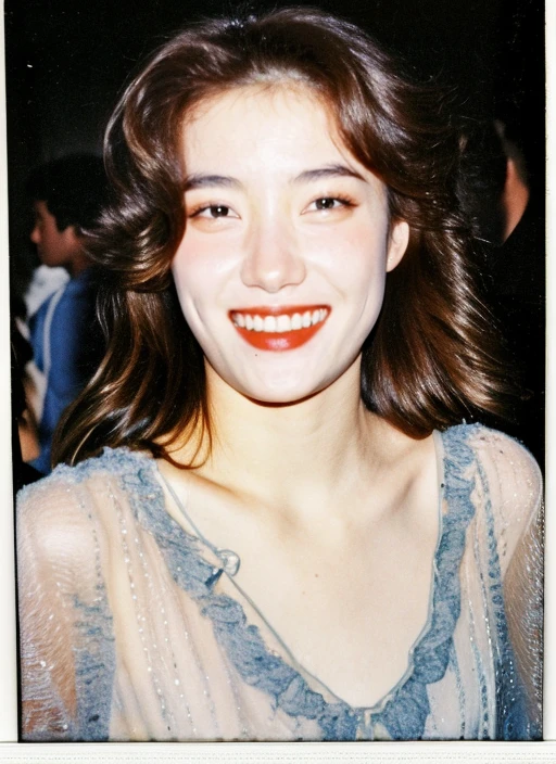 (indistinguishable from reality:1.4), 1girl, beautiful, 1986, Polaroid, grainy, (detailed facial features), (freckles:0.05), (acne:0.025), New Wave concert, crowded nightclub, dance floor, alcohol, happiness, joy, fun, cheerful, Montreal, head and shoulders portrait, cover, 8K,masterpiece, best quality:1.2,ultrahigh-res,