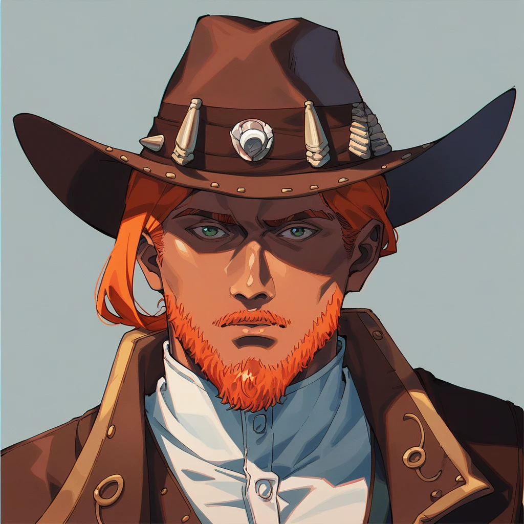 score_9, score_8_up, score_7_up,  sh40n,1boy, cowboy, cowboy hat, orange hair, green eyes, dark skin, brown skin,looking at viewer,facial hair, <lora:sh40n:1>    <lora:AnimeOriginalArtStyleShadow_PONYXL_d4a1:0.7> oamhfs, red theme, monochrome