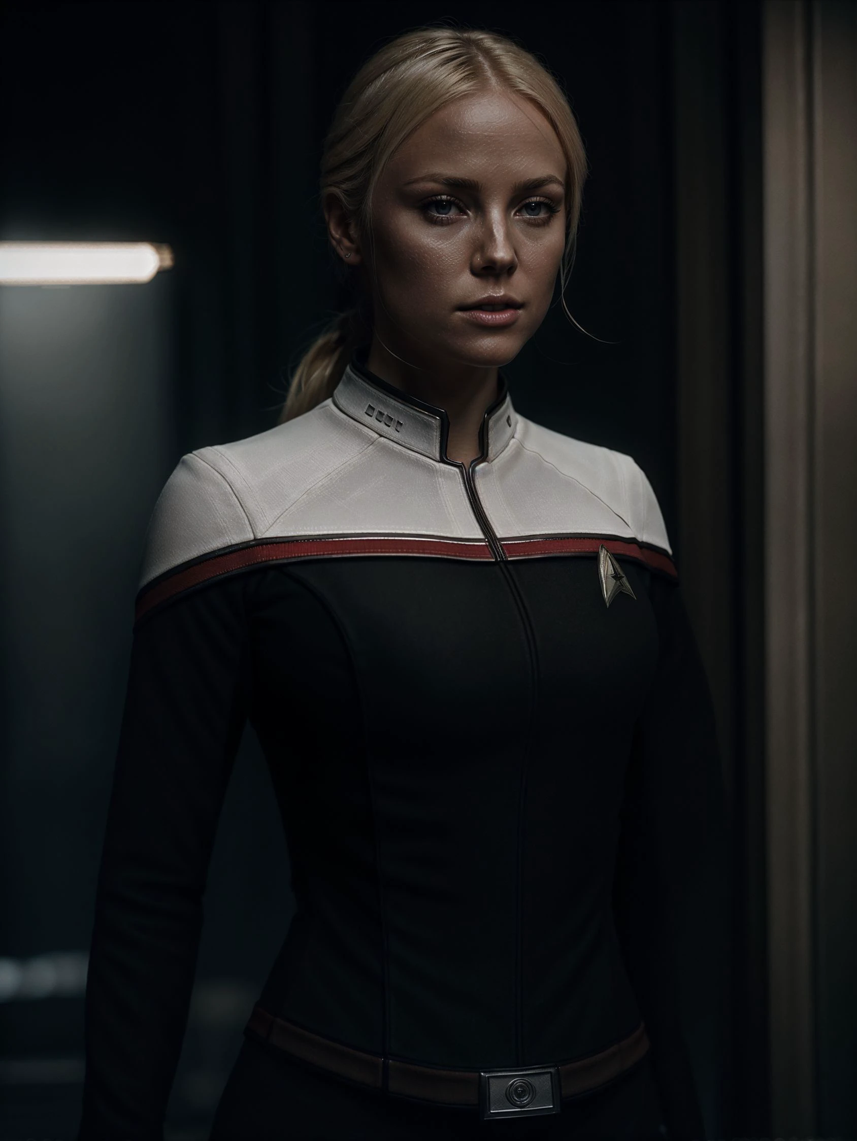 RAW photo of beautiful blond woman wearing Stoddunf uniform,professional photograph of a stunning woman detailed, sharp focus, dramatic, award winning, cinematic lighting, octane render, unreal engine, volumetrics dtx, (film grain, bokeh, blurry foreground, blurry background<lora:OdysseyUnf:0.8>