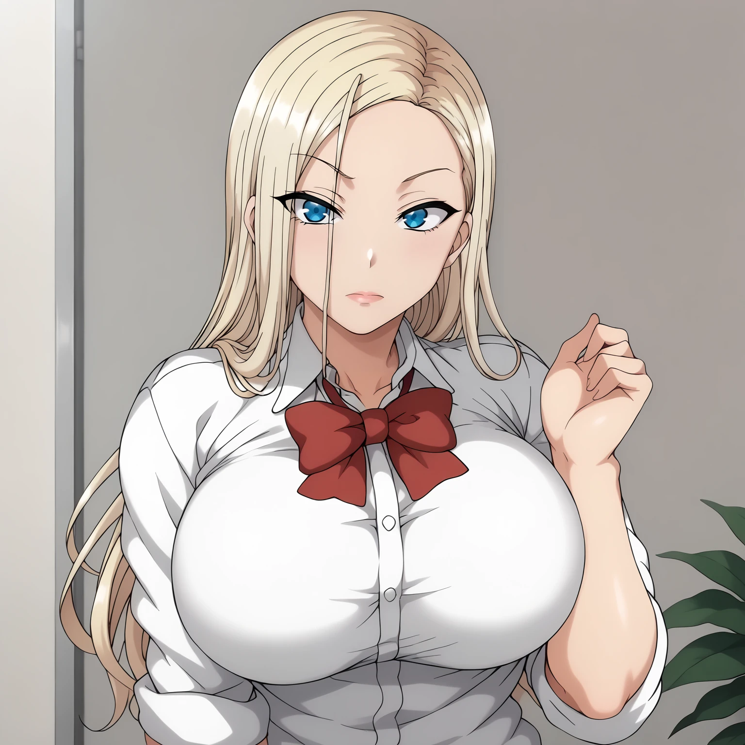 <lora:ReinaKurashikiXLpony001>,
solo,
ReinaKurashiki,1girl,blonde hair,long hair,blue eyes,
large breasts,
white shirt,red bow,sleeves rolled up,