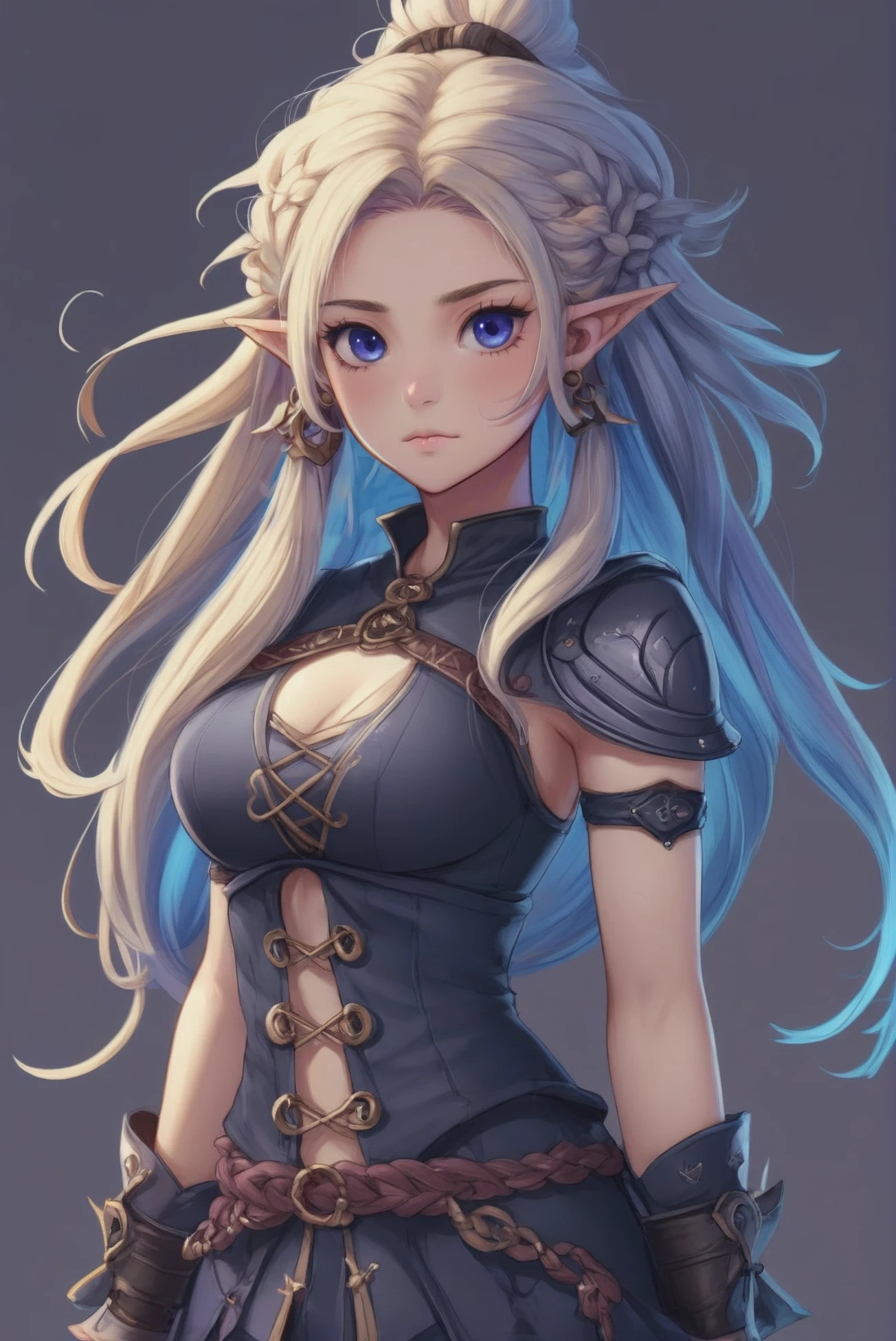 anime style digital painting, full body, character concept art, 1girl, woman, dark knight, elf, ultra deep color:cornflowerblue hair, Viking Braids, (full body:0.5), [:revealing costume design:0.2], bombshell hair, blonde hair with violet highlights, curly hair, athletic hourglass figure, chinese, horns pose<lora:EnvyStarlightJRPGCharacters01:1>