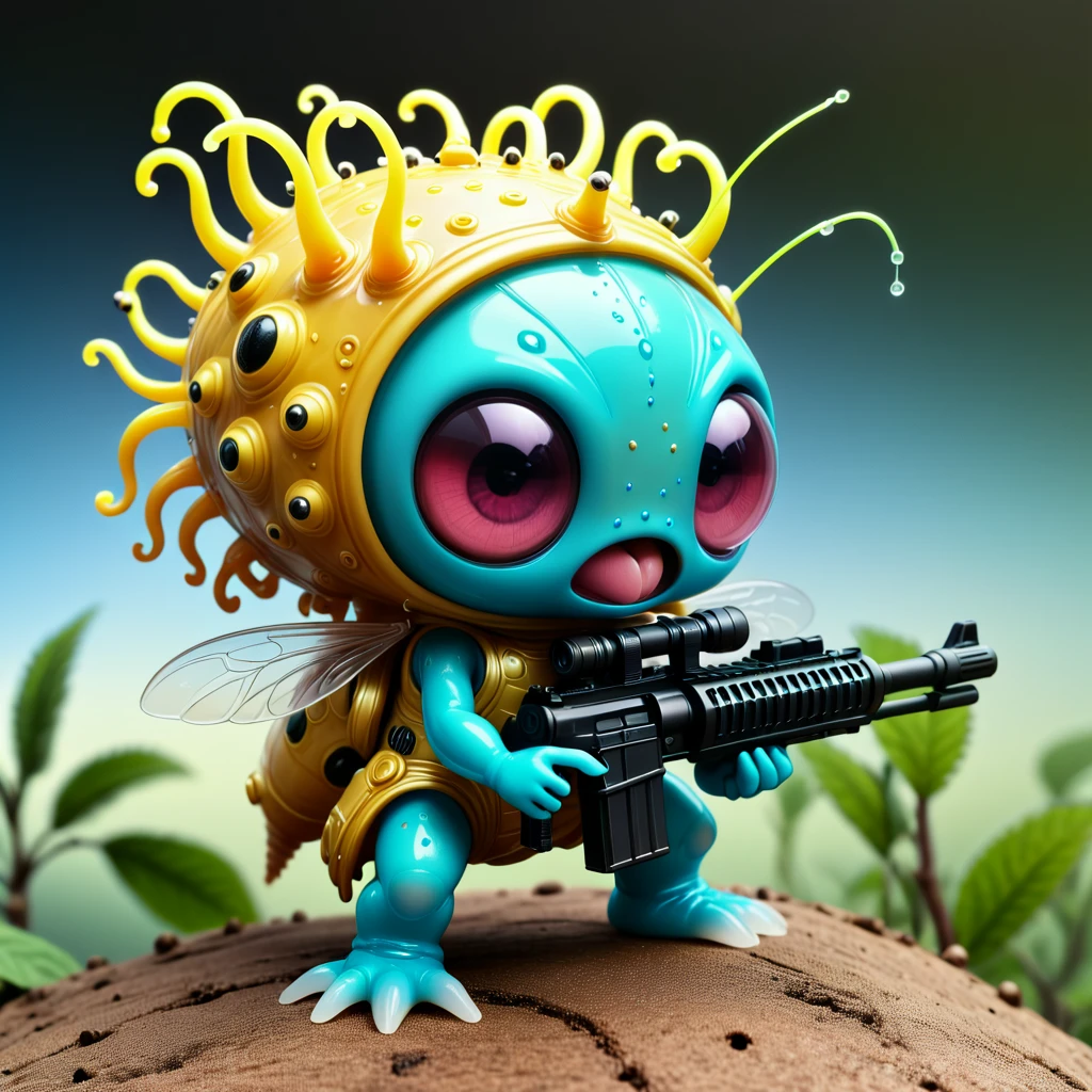 Surrealistic style with dreamlike and fantastical elements, distorted reality, unexpected juxtapositions, and imaginative scenes, tiny slime monster super cute with machine gun, Bee Tentacle-covered Advance Leafhopper, dreamlike, fantastical, distorted reality, unexpected juxtapositions, imaginative, whimsical, absurd, surreal, subconscious,tiny slime monster super cute with machine gun, Bee Tentacle-covered Advance Leafhopper
