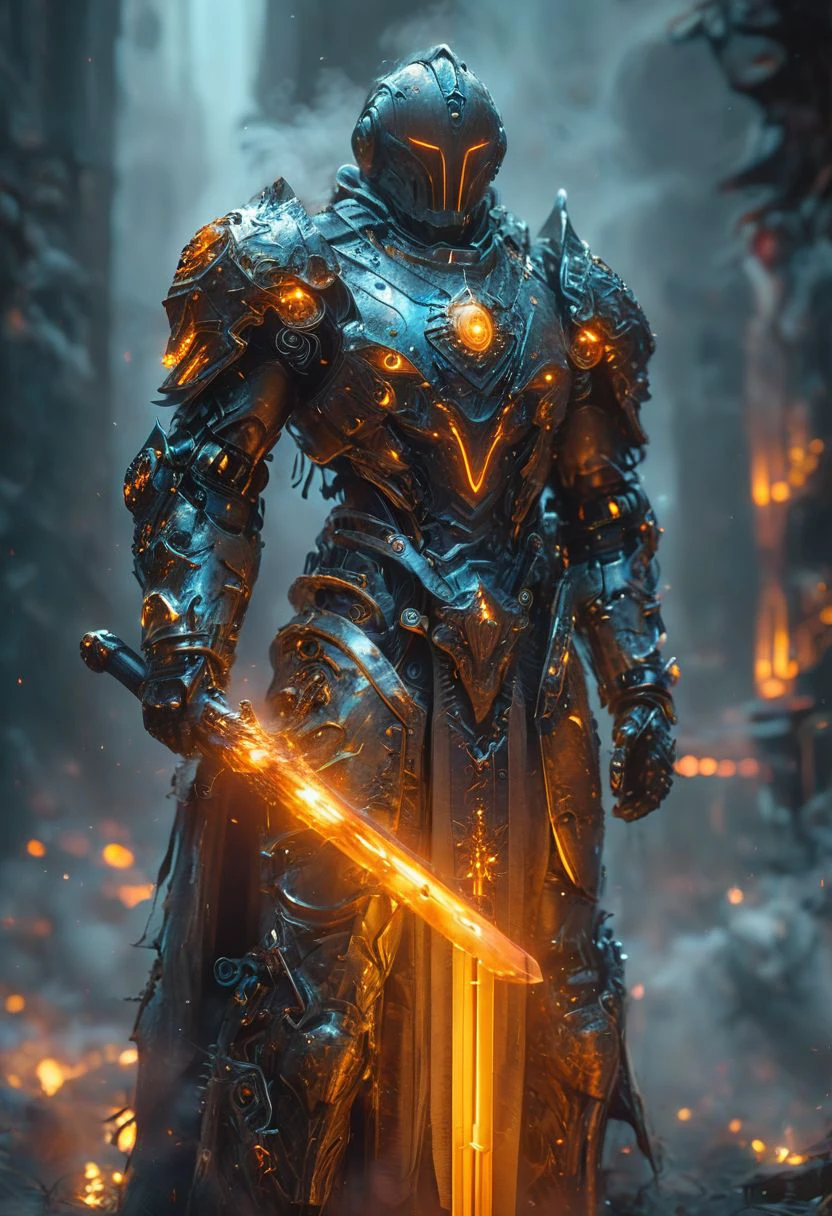 masterpiece,ASCII,8k.absurdes,intricate,maximum resolution, hyper detailed, Mirage pureerosface_v1,DonMn1ghtm4reXL,glow, fog, white armor with orange and blue details, hellgate london themed,, , big back jump pack, ,