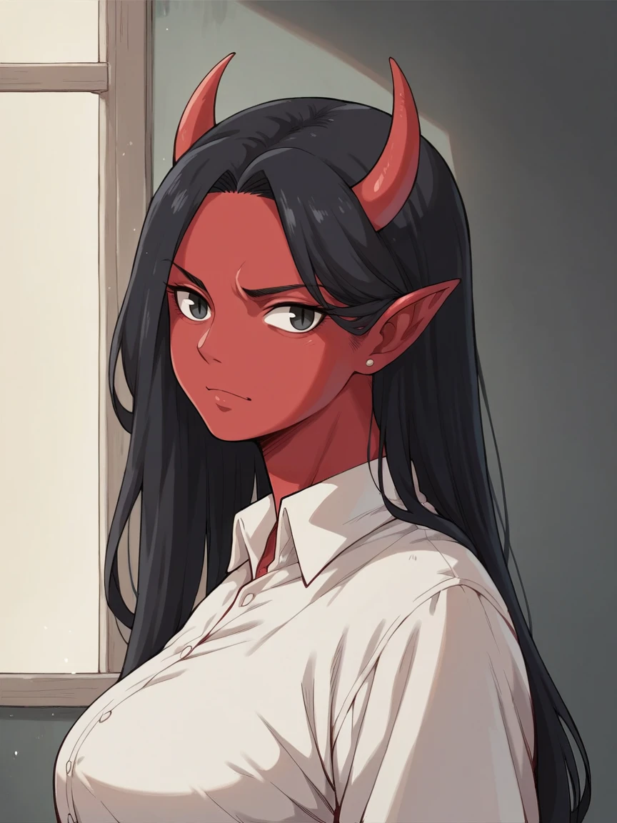 score_9, score_8_up, score_7_up, score_6_up, score_5_up, score_4_up,  <lora:gh1bl1XLP:0.8> gh1bl1, 1girl, long hair, curvy, large breasts,demon, red skin, black hair