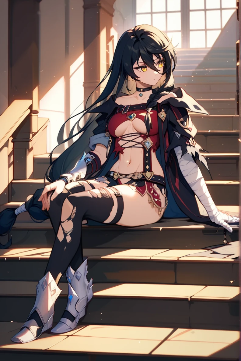 score_9, score_8_up, score_7_up, very aesthetic, source_anime, detailed, high quality, beautiful, masterpiece, detailed eyes,
indoor, stairs, light beams
<lora:lightXL:0.8>
sitting, looking away,
<lora:velvet_autismConfetti_v04:0.95>
velvet crowe, black hair, very long hair, single braid, side braid, hair between eyes, buckle, choker, red shirt, revealing clothes, thighhighs, torn clothes, torn thigh highs, yellow eyes, asymmetrical footwear, bandaged arm, navel, coat, low-tied long hair, zPDXL