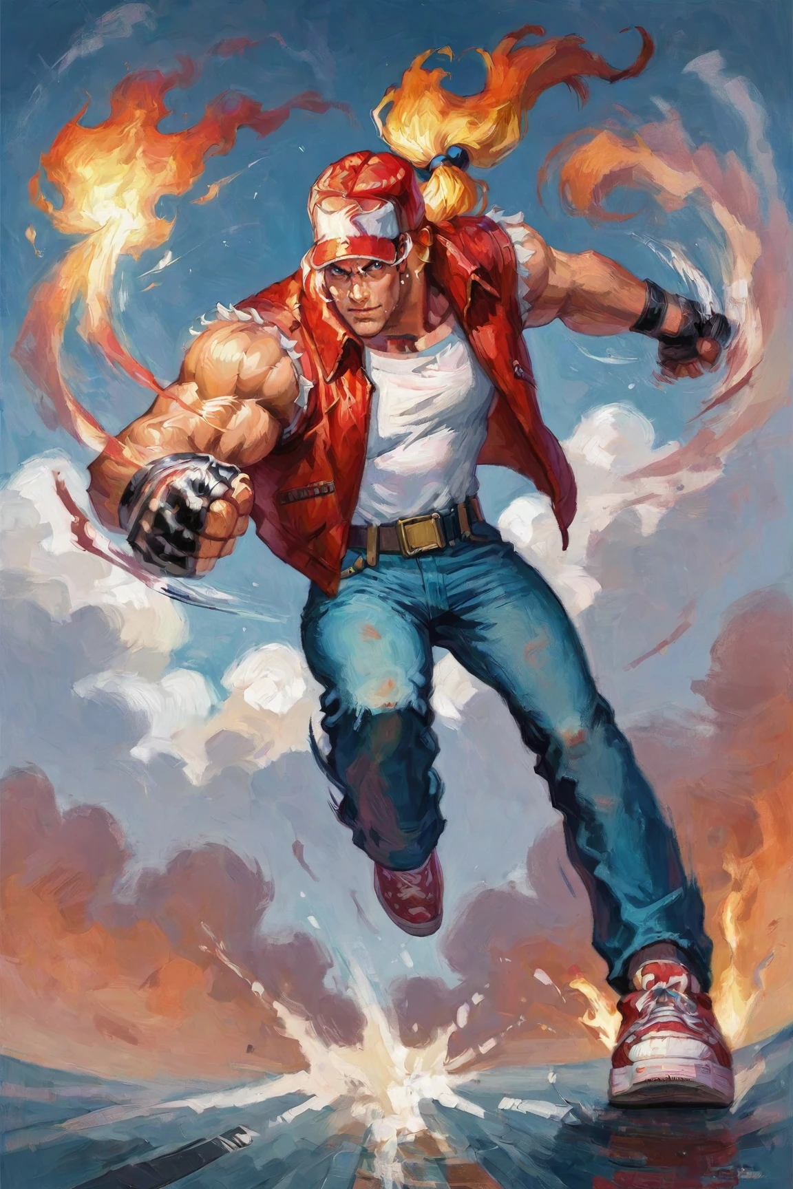 (source_anime, score_9, score_8_up, score_7_up:1), red trucker cap, red vest, white sleeveless t-shirt, blond ponytail, denim pants,flames, red sneakers, belt, fingerless gloves, 1boy, solo male, ((muscular male)), jumping, view grom below, kicking, attacking viewer, pink and orange sky, clouds, POV, action shot, movement lines, looking to viewer, score_9,oil painting, solo,TerryBogard<lora:EMS-327924-EMS:1.000000>, <lora:EMS-353415-EMS:1.000000>