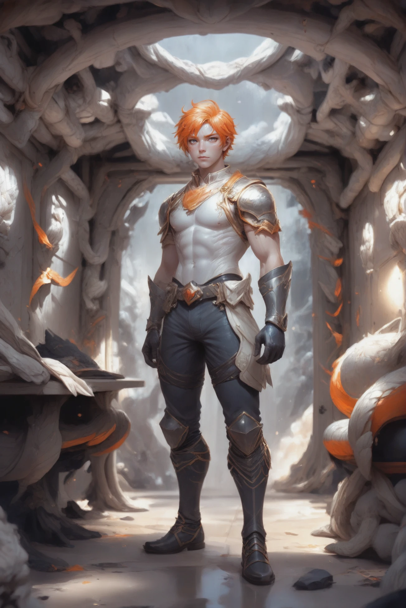 2.5D anime style, full body, character concept art, (full body:1.2), 1boy, man, ruggedly handsome, solo, [:outlandish costume design,:0.2] crusader, caucasian, neon salmon hair, (muscular:1) build, brightly lit interior, in a Musty Nomad tent<lora:EnvyStarlightPearlescent01:1>