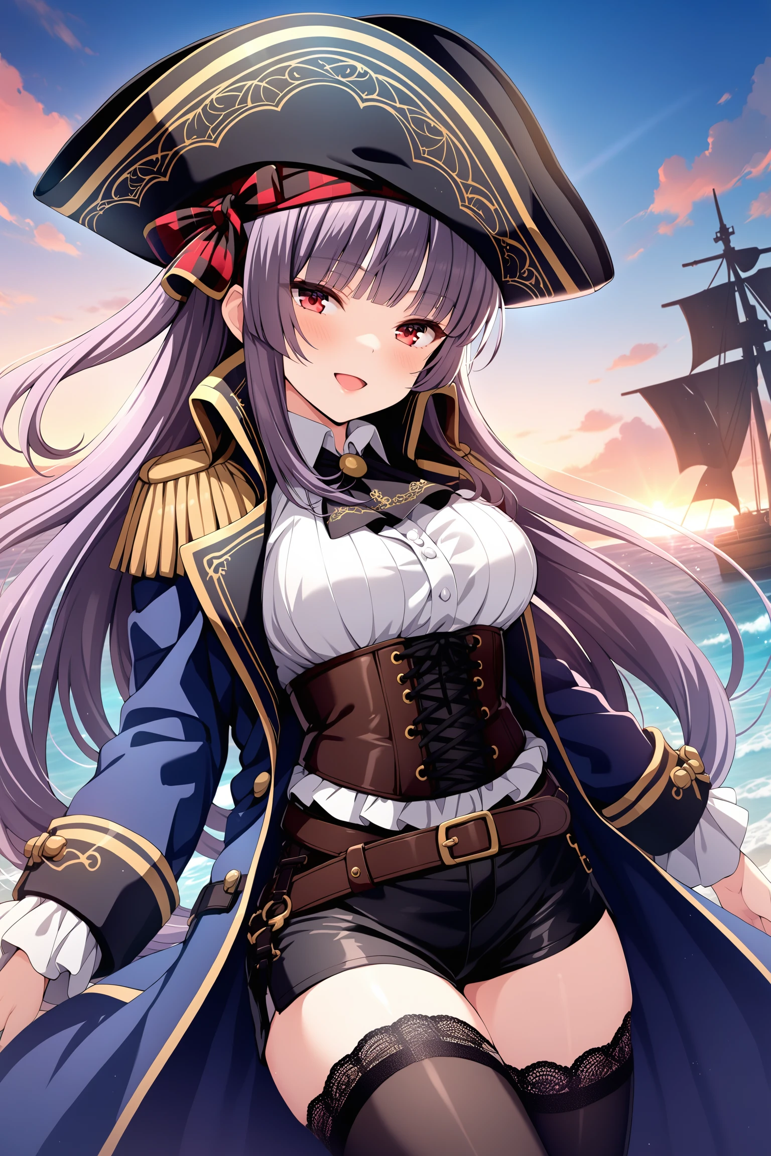 (masterpiece, best quality, very aesthetic, ultra detailed), intricate details, highly detailed background, perfect lightingbest quality, kagurazakasaya, solo, outdoors, ocean, watercraft, pirate, pirate hat, black headwear, purple hair, blunt bangs, very long hair, red eyes, medium breasts, epaulettes, blue coat, lace trim, corset, open coat, cross-laced clothes, white shirt, long sleeves, belt, black shorts, short shorts, black thighhighs, smile, open mouth, :d, pink lips, <lora:Kagurazaka-Saya:0.7>