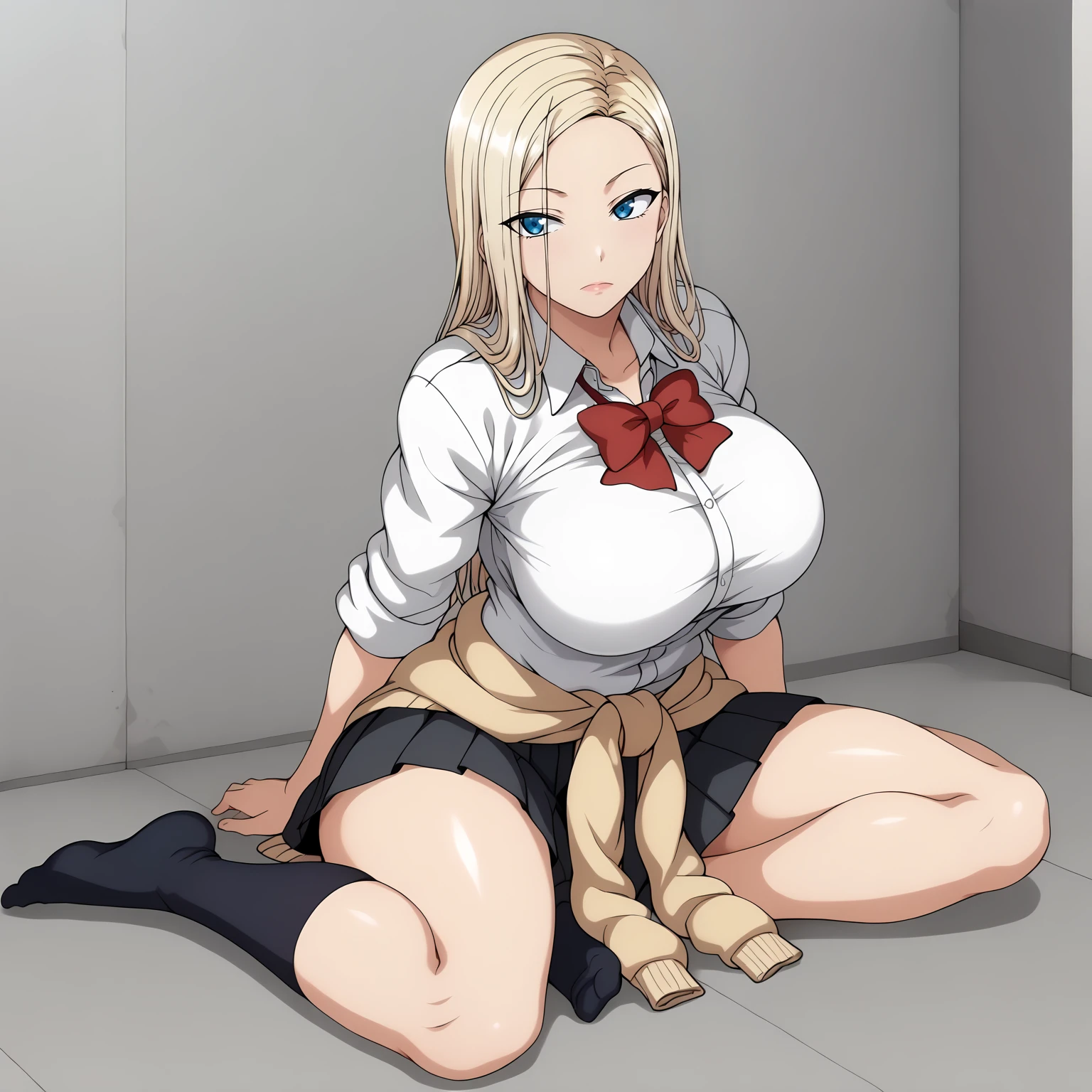 Eri Ayase、One Woman、Cute Woman、Thick thighs、Best image quality、High resolution、masterpiece、super high quality、Squat with your legs apart、Orgasm Facial、Squat with your legs apart、Striped panties、I see your pink panties、Big Ass、Big Breasts 、Blushing、4K quality、Blushing、Proud face、Wearing black knee socks、bed、Squat with your legs apart、Panty shot、Sweaty all over、Heavy breathing、Chest is bobbing up and down、heart、Condescending look、Low - Angle、Zoom in on the crotch、Cowboy Shot、Sit on the living room sofa with your knees raised, Spread your legs