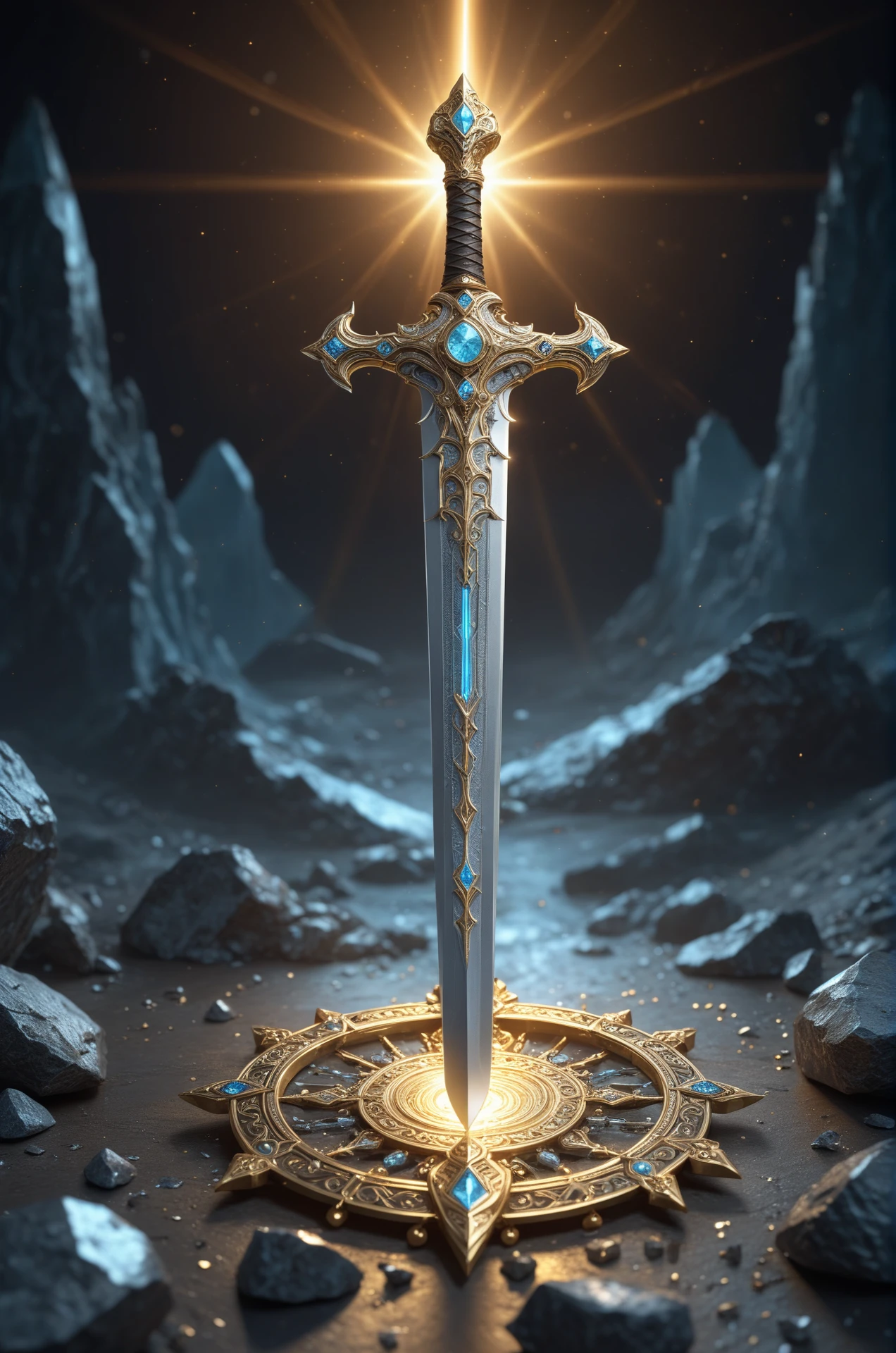 Glowing luminous energy epic silver sword artifact, surrounded by gold and diamonds, forgotten treasure, mystic atmosphere, fantasy vibes, masterpiece, high quality, stunning, impressive, art by greg rutkowsky, 3d render