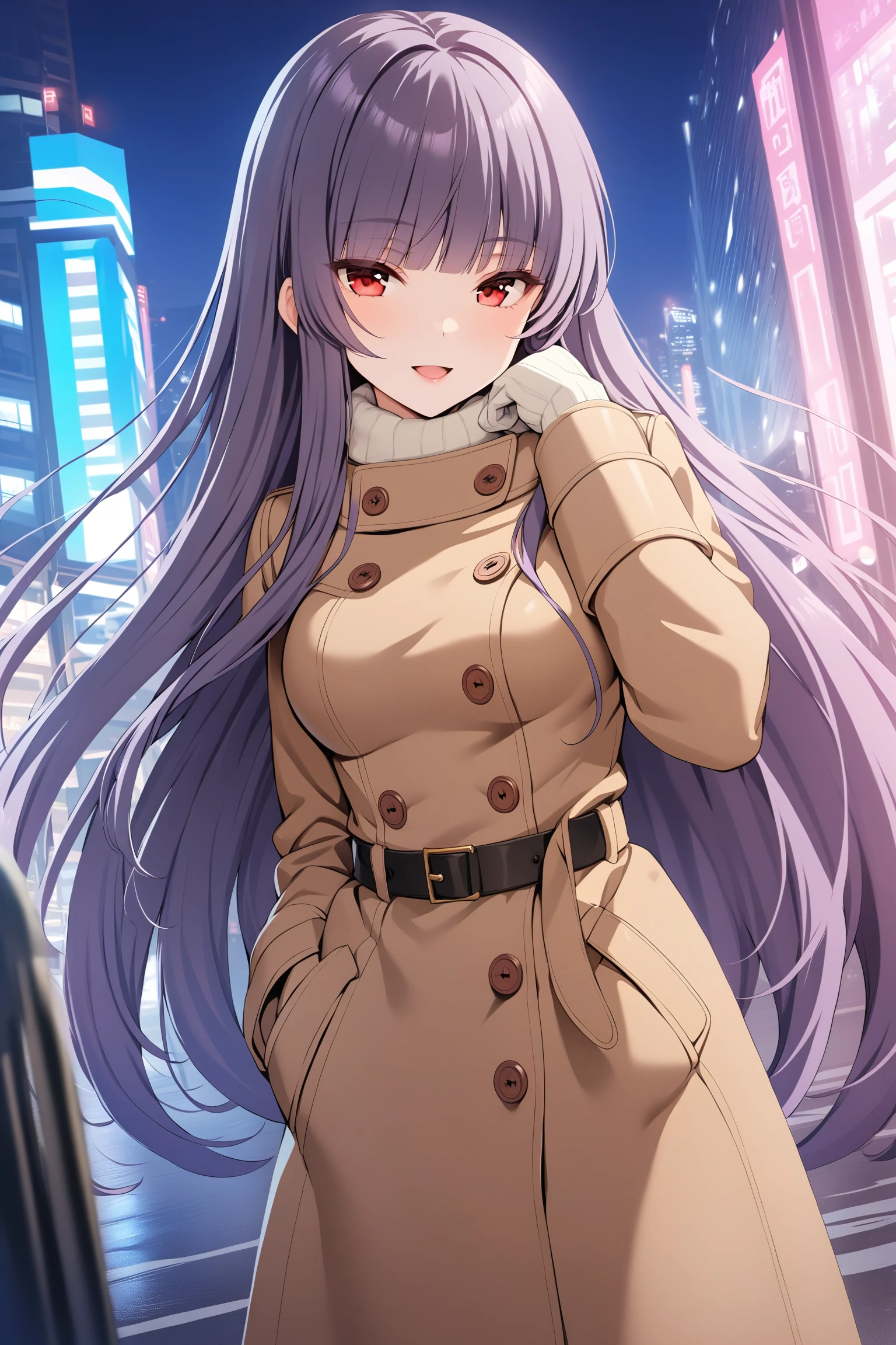 (masterpiece, best quality, very aesthetic, ultra detailed), intricate details, highly detailed background, perfect lightingbest quality, kagurazakasaya, solo, outdoors, city, winter, purple hair, blunt bangs, very long hair, red eyes, medium breasts, brown coat, trench coat, buttons, belt, black pantyhose, winter clothes, smile, open mouth :d, pink lips, <lora:Kagurazaka-Saya:0.7>