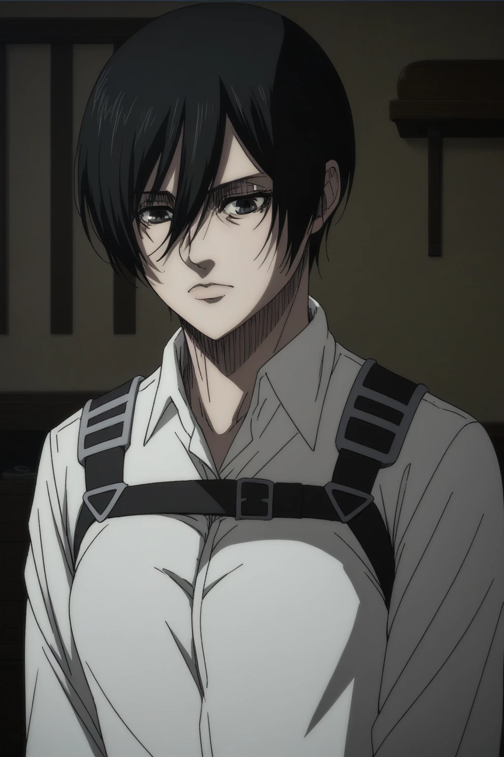 score_9, score_8_up, score_7_up, score_6_up, score_5_up, score_4_up, BREAK, source_anime,mikasa_v1, mikbb, 1girl, solo, black hair, short hair, shirt, upper body, breasts, white shirt, hair between eyes, black eyes<lora:EMS-354456-EMS:1.000000>