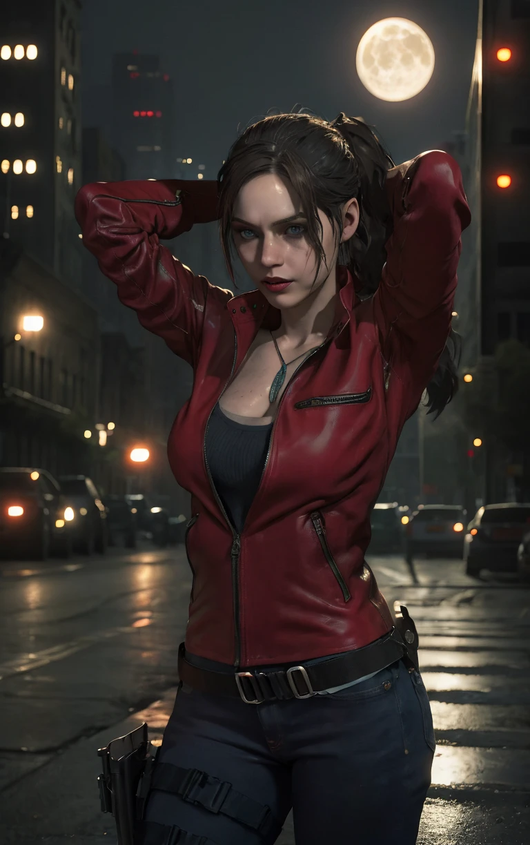 (masterpiece, best quality:1.4), insaneres, absurdres, solo, looking at viewer,BREAK 
GAME_ResidentEvil2Remake_ClaireRedfield_ownwaifu,  
lips, brown hair, blue eyes, ponytail, breasts, long hair, large breasts, nose, red lips, makeup, dog tags, lipstick, 
jacket, jewelry, necklace, red jacket, pants, belt, denim, jeans, holster, bracelet, zipper, pendant, cleavage, collarbone, thigh holster, long sleeves, silk, leather jacket, 
(contrapposto, arms behind head), neon_lights, cityscape, night, pool, full moon, outdoors, <lora:GAME_ResidentEvil2Remake_ClaireRedfield_ownwaifu:0.9> , depth of field