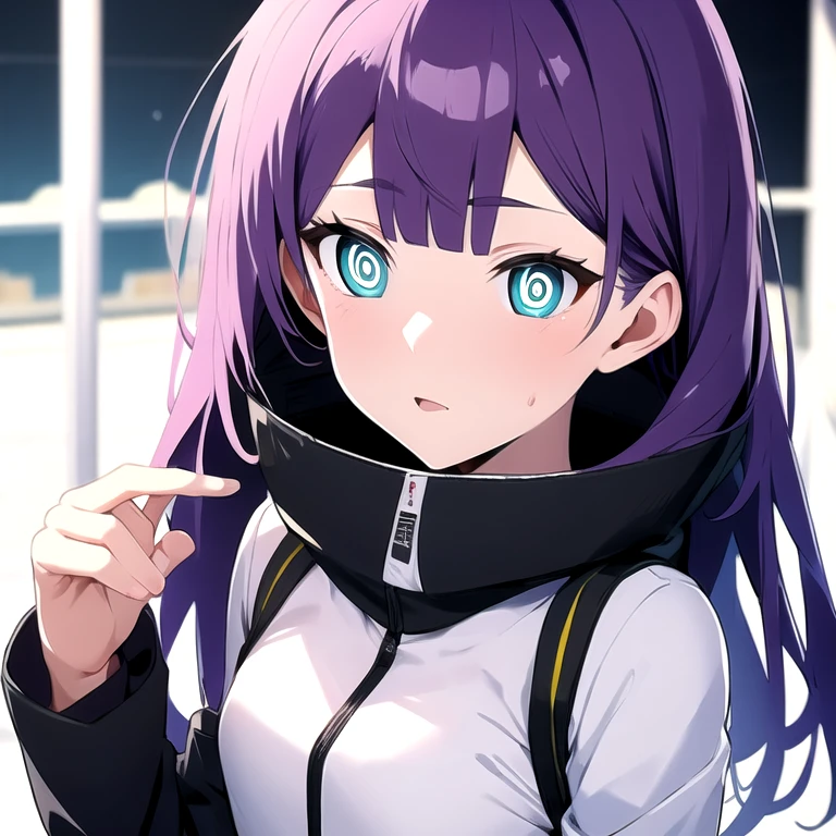 (score_9,score_8_up,score_7_up,score_6_up,source_anime,best best quality,perfect face,bright pupils,(finely detailed beautiful eyes),),1girl,girl,solo,teenager,purple hair,green eyes,small_breasts,<lora:1739191204076771576:0.7>,