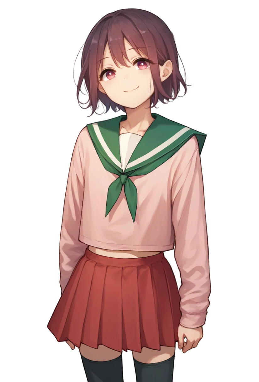 score_9, score_8_up, score_7_up, source_anime, 1girl, solo, hiura, flat chest, pink eyes, pink serafuku, red skirt, green sailor collar, green neckerchief, black thighhigh, standing, from front, white background, simple background, light smile, <lora:hiura_SDXL-06:1>