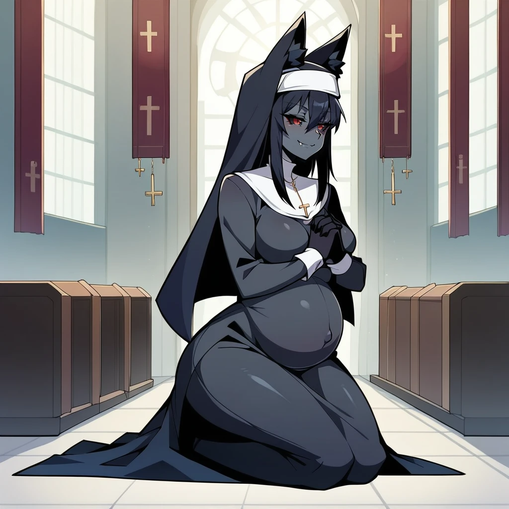 score_9, score_8_up, score_7_up, score_6_up, score_5_up, score_4_up, BREAK, <lora:Hellhound3300:1>, Hellhound, fang out, solo, closed mouth, smile, nun habit, black robe, long hair, medium breasts, pregnant, wide hips, kneeling, praying, side view, BREAK, highly detailed background, church, indoors, rating_safe
