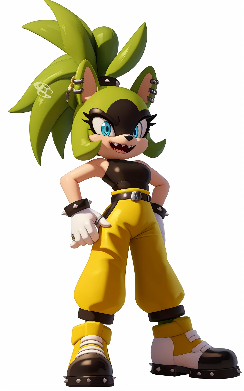 8k,4k,((Best quality, masterpiece, ultra high resolution)),((full body)), by pixelsketcher, <lora:SurgeV2:0.7>,SurgeV2,blue eyes, furry,furry female, sharp teeth, animal nose, green hair, ponytail, animal ears, green skin, spiked hair,gloves,white gloves,crop top, black crop top,sweatpants, yellow sweatpants,earrings, piercing, yellow footwear, belt, ear piercing, rings,((white background)),standing, hands on hip