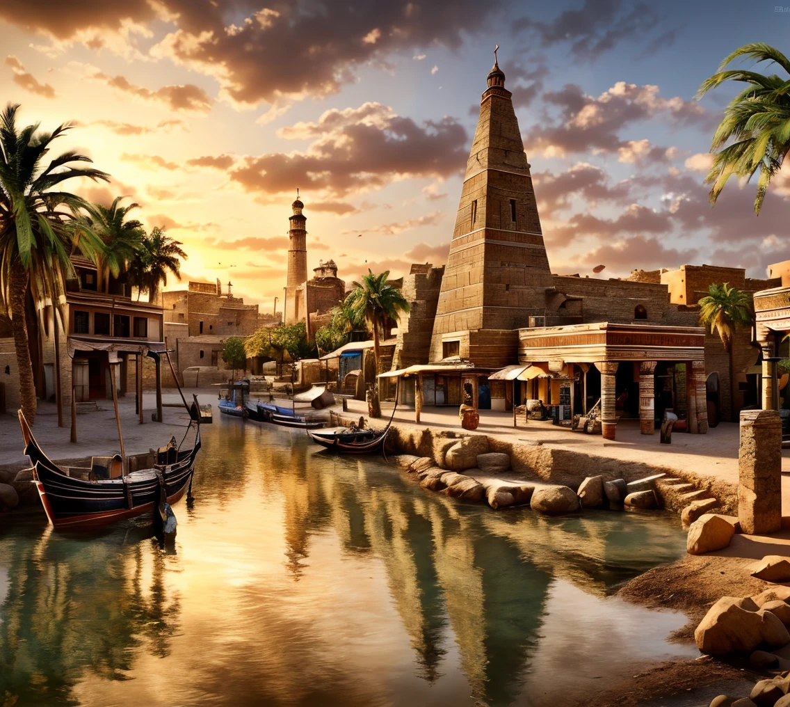 (masterpiece:1.2), (best quality,:1.2), 8k, HDR, ultra detailed, ((photorealistic)), professional light, cinematic lighting,ambient lighting,<lora:detail_slider_v4:2>, OverallDetail, a small town in ancient Egypt, by a river with a boat in the water and palm trees in the foreground and a building with a tower, Stygia, <lora:Stygia-10:1>, epiCPhoto